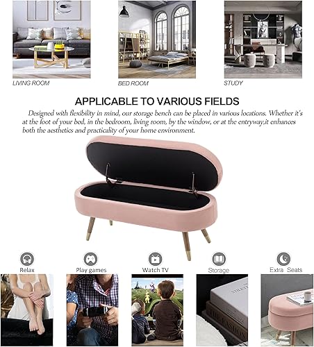 Miniatura 14 de IAFIKE Banco de almacenamiento ovalado de 43.5 pulgadas, banco otomano tapizado de tela boucle con patas de metal dorado, extremo de cama para
