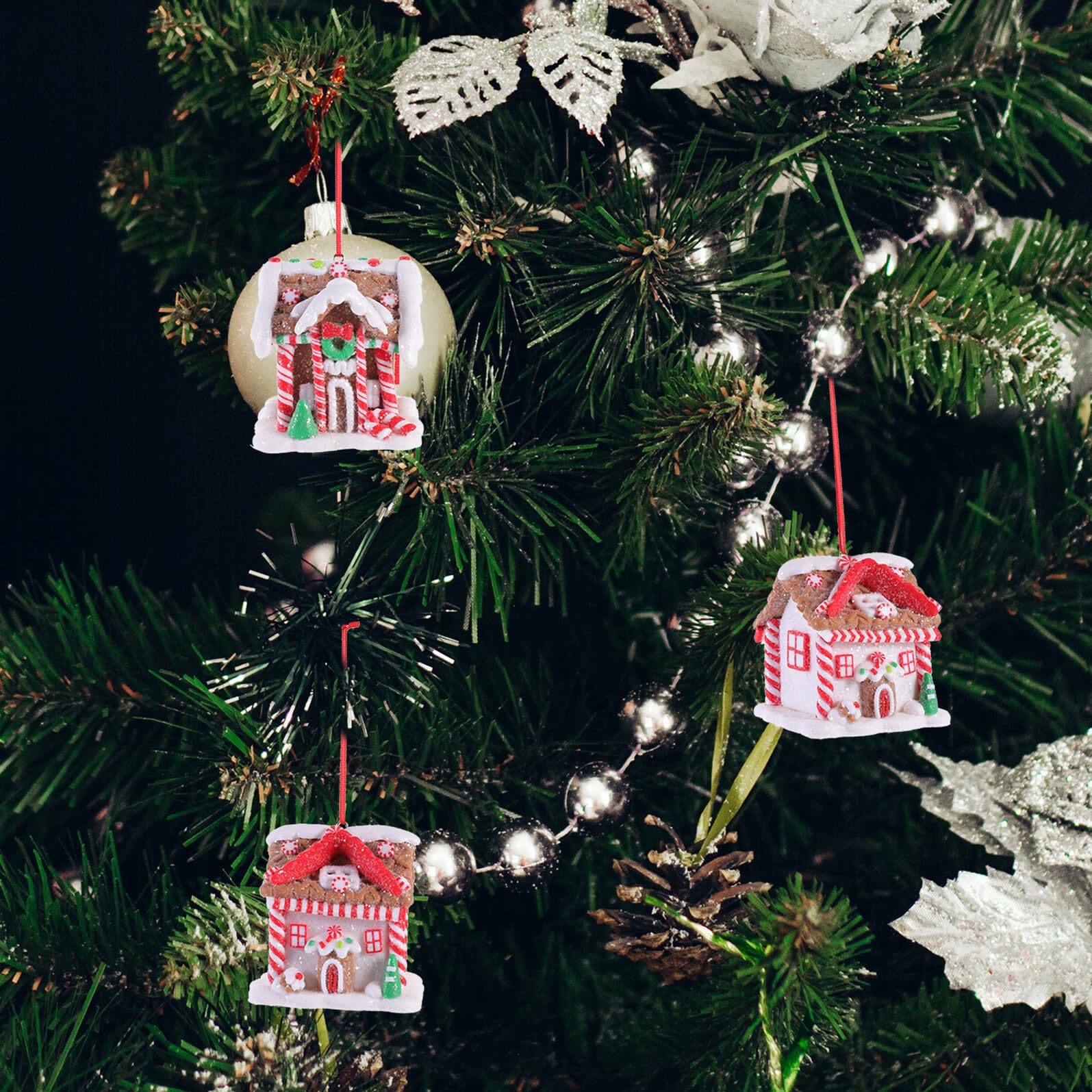 Adornos Navideños 3 Piezas Mini Casa de Silicona para Colgar en Árbol Decoración de Escritorio y Escaparate Modelo Casa Dulce Festiva