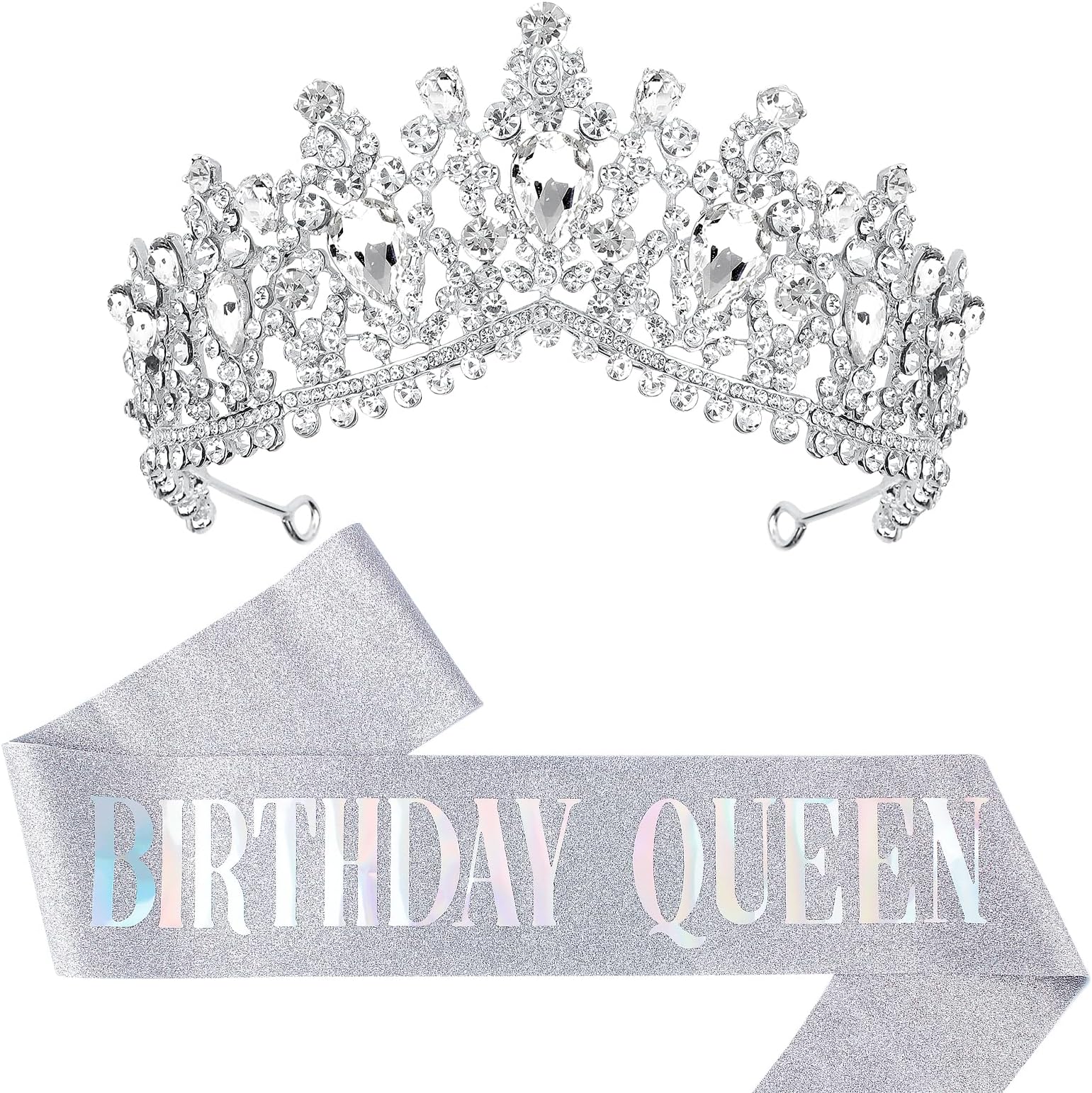 YARIEW Silver Birthday Crowns for Women Birthday Queen Sash and Rhinestone Crown Tiaras and Crowns for Women Birthday Sash and Tiara for Women Girls Prom Bridal Wedding Party Supplies…