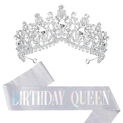 Miniatura 1 de Coronas de cumpleaños plateadas para mujer, banda de reina de cumpleaños y corona de diamantes de imitación, tiaras y coronas para mujeres, banda de