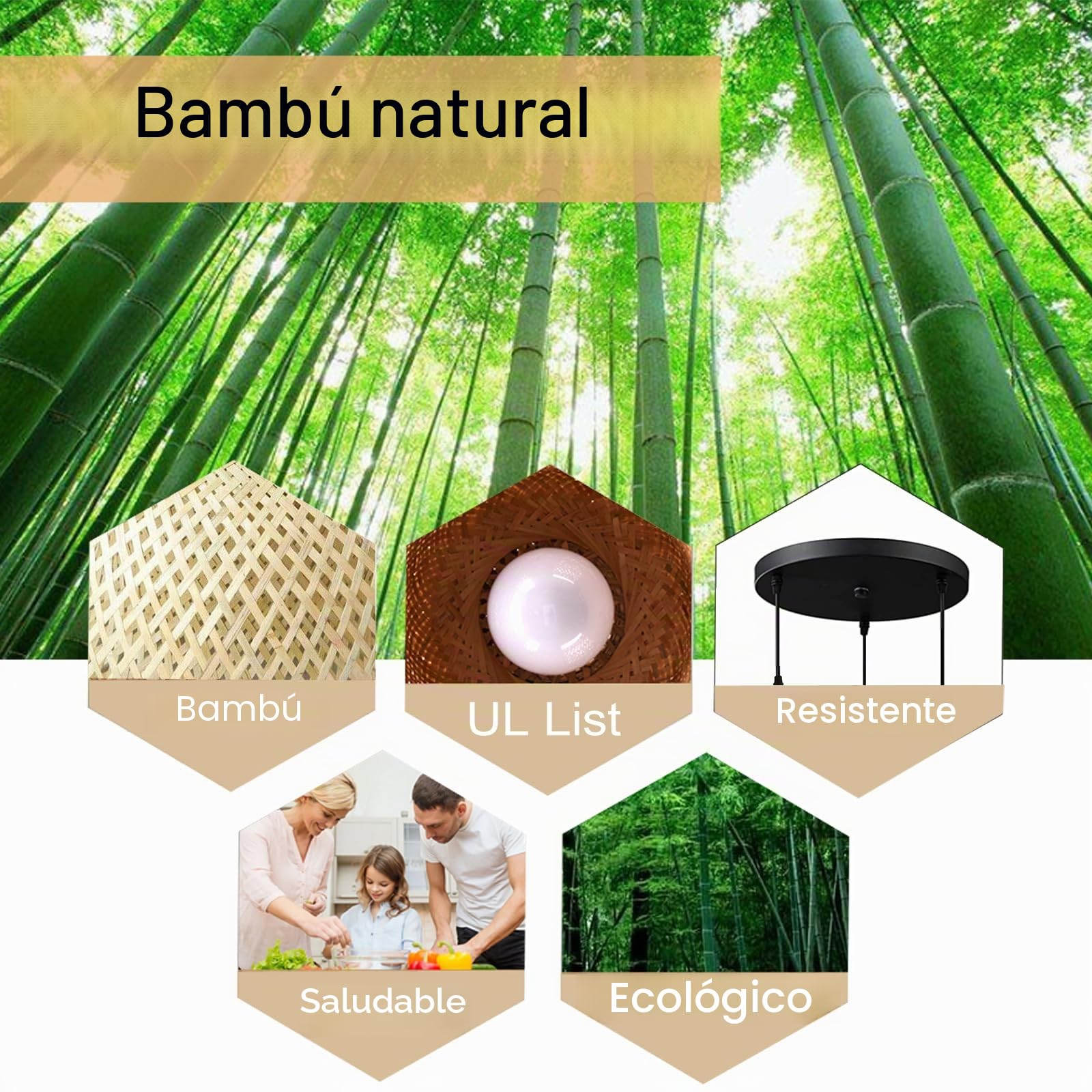 Lámpara de techo colgante de bambú, estilo retro japonés, E27, lámpara de techo colgante, para sala de estar, dormitorio, restaurante, cafetería, bar, comedor o club (3 luces de cabeza)