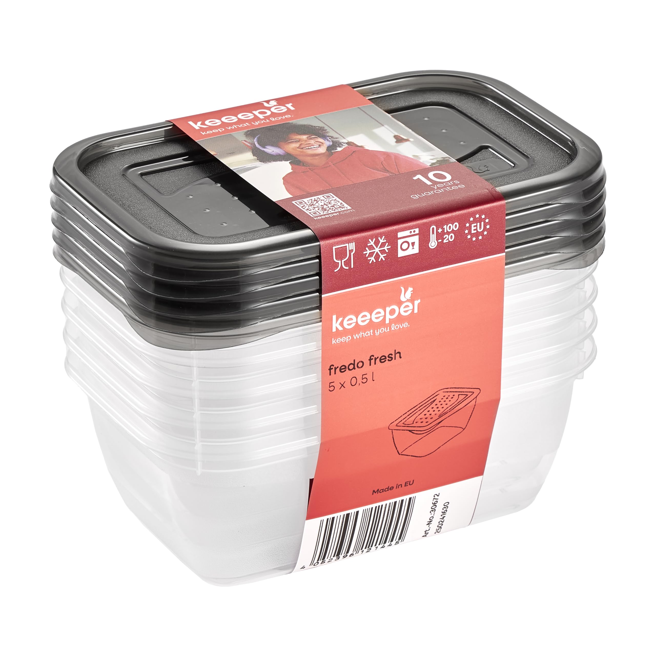 keeeper Fredo Set de 5 cajas con tapa para alimentos, 5 x 0,5 L, Gris cristal (Transparente) (Paquete de 6)