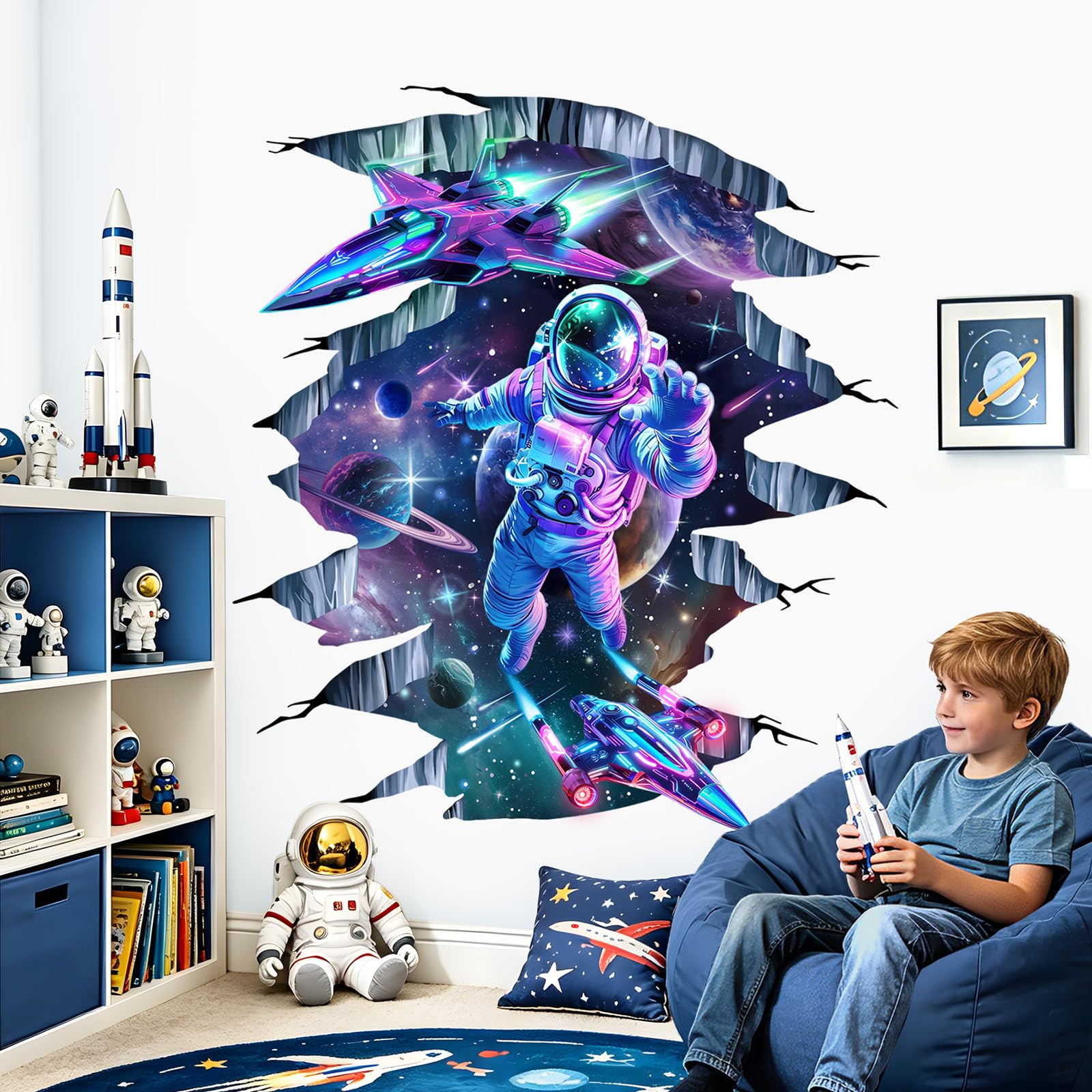 wondever 3D Outer Space Galaxy Wall Decals Astronaut Rocket Wall Stickers