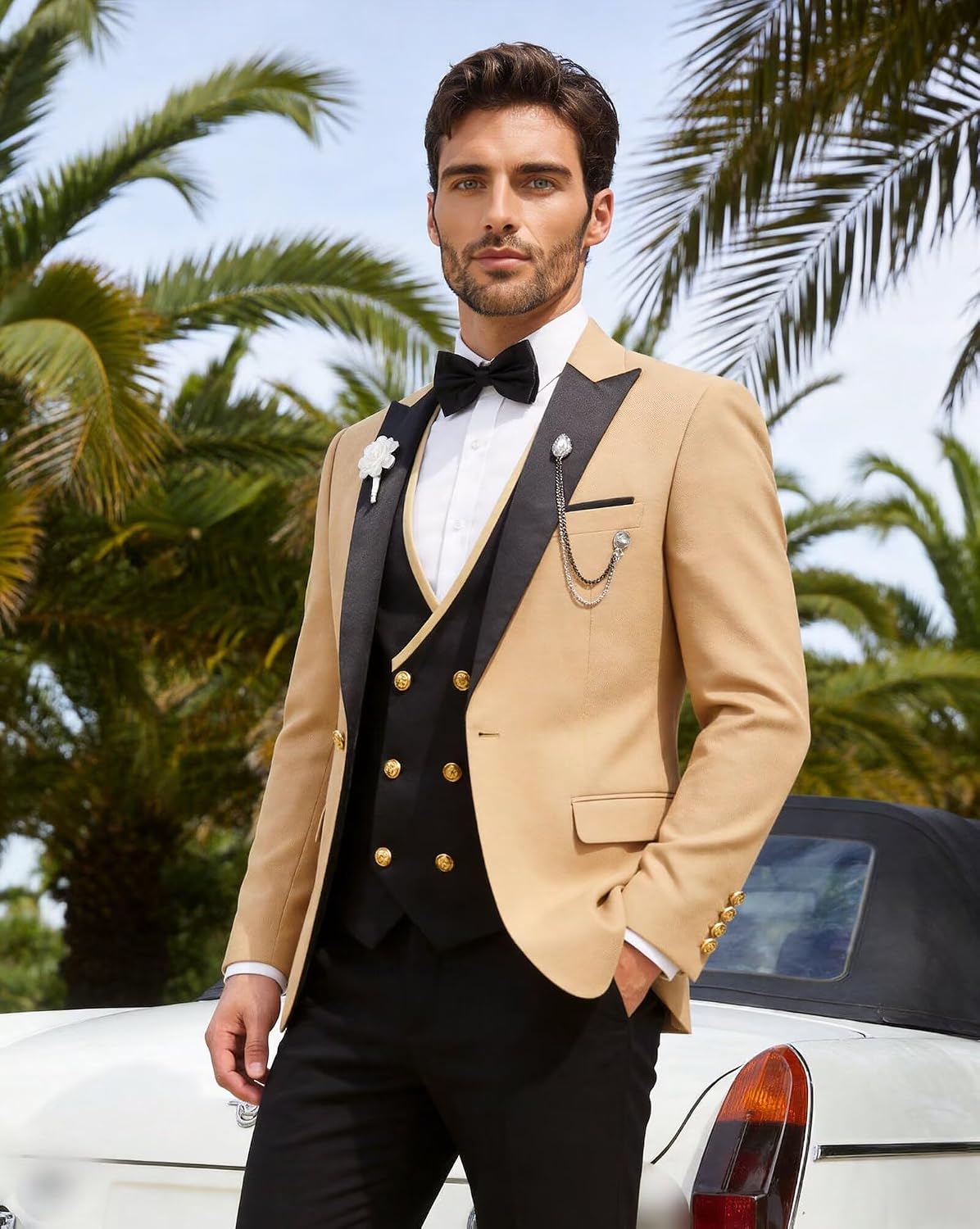 3 Piece Tuxedo for Men Slim Fit Suit for Men Wedding Prom Tux Blazer Vest Pants with Bow Tie