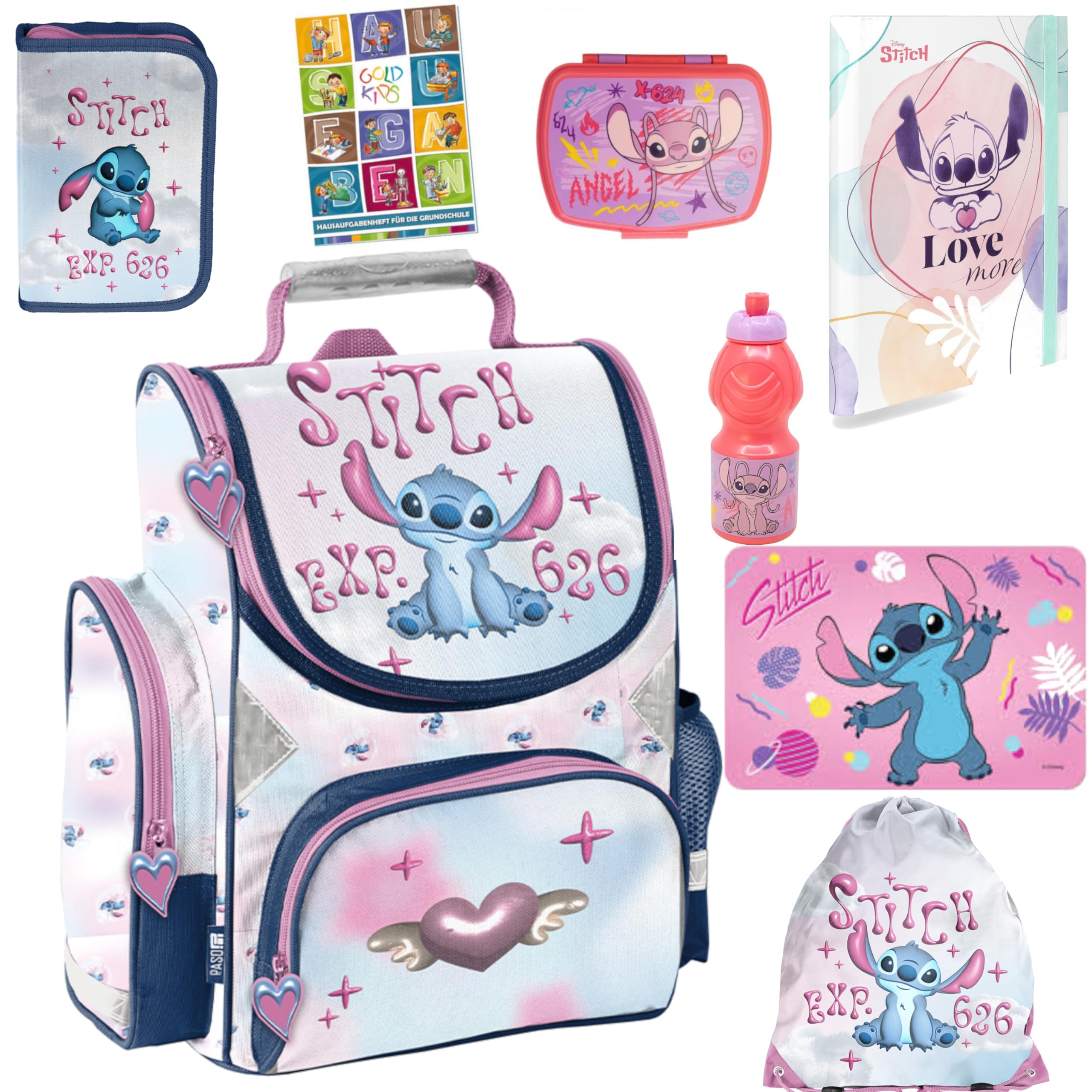 PASO- Schulranzen für Jungen und Mädchen, 8er-Set - Schul-Rucksack für Kinder mit Federmäppchen - Schuhbeutel Trinkflasche und Brotdose - Stitch Motiv- 1-3 Klasse