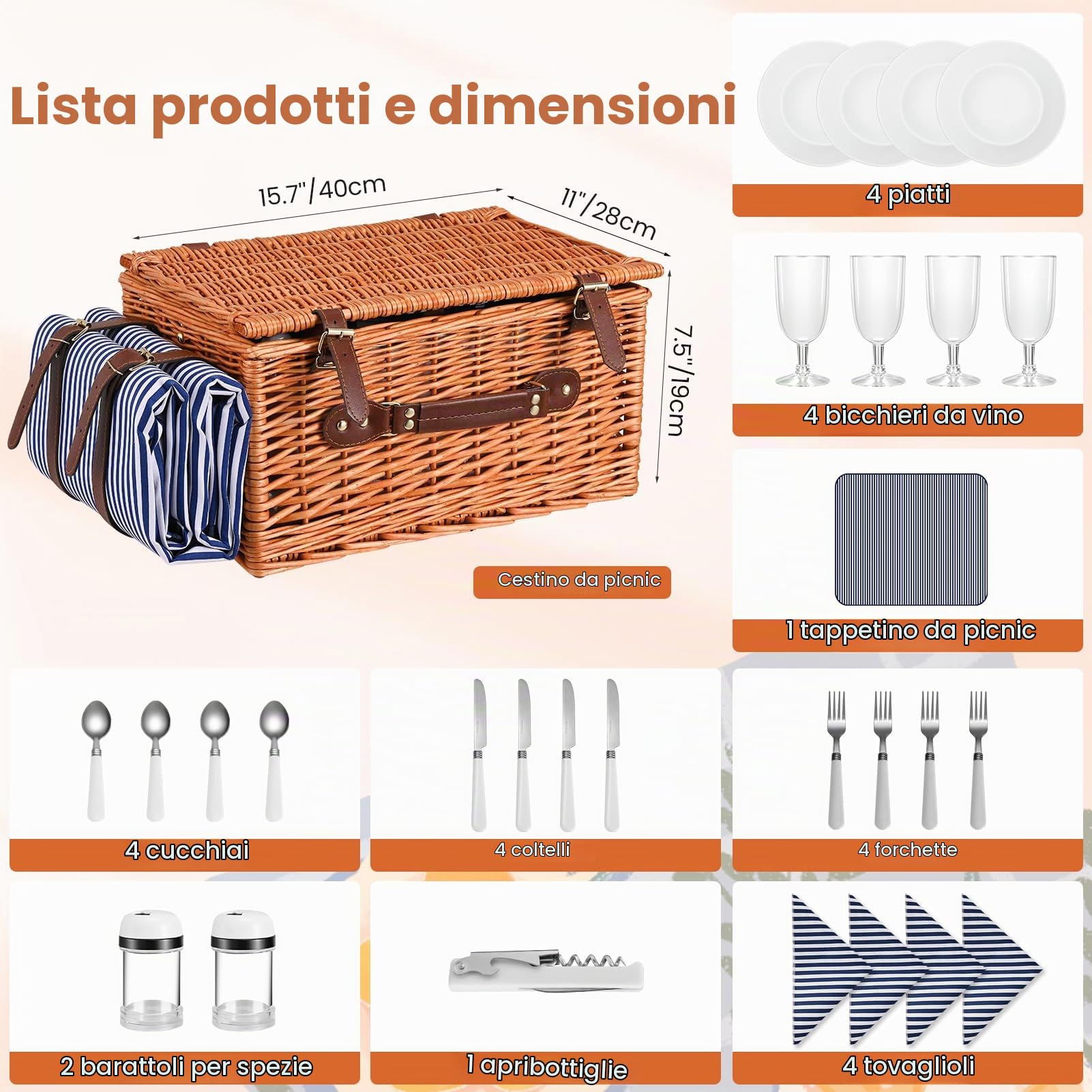 Cestino da Picnic in Vimini per 4 Persone, Cesto Picnic con Scomparto Termico, Coperta Impermeabile, Piatti, Bicchieri, Posate, per Campeggio, Festa all'Aperto, Spiaggia, Escursioni, Blu