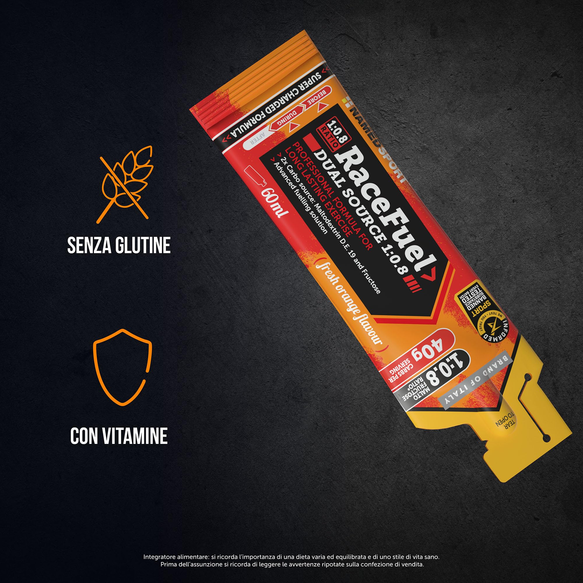 NAMEDSPORT Race Fuel Gel Arancia | Gel Energetico con Maltodestrine e Fruttosio | Sport di Endurance (Ciclismo, Running, Triathlon) | Vegano e Senza Glutine | Gusto Arancia, 24 x 60 ml
