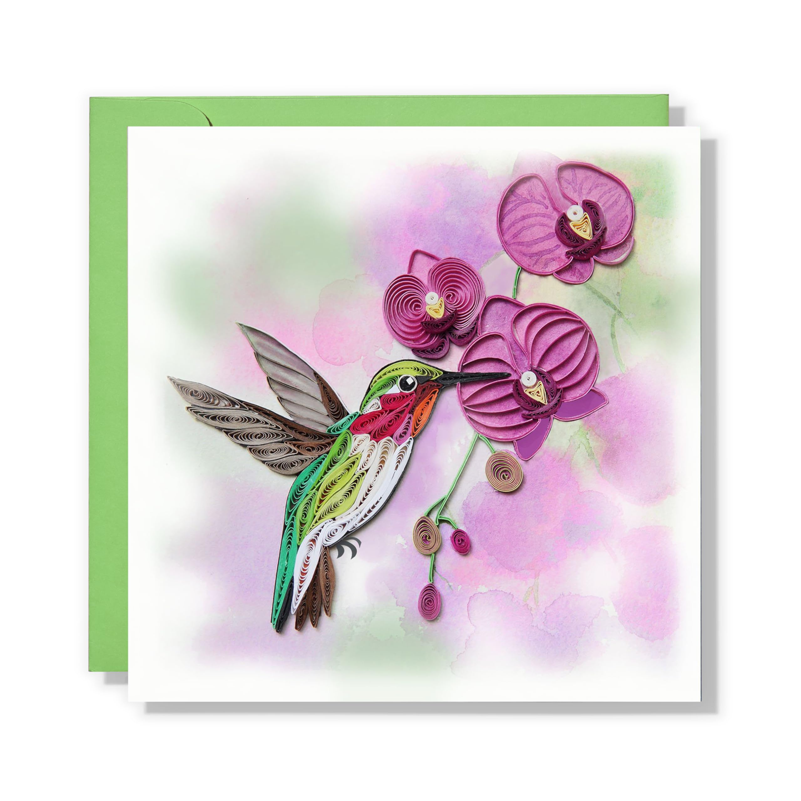 QUILLCRAFT Hummingbirds and Purple Orchid Quilling Card, Mother Day Card, Quilled Quilling Mom Card for Mothers Day, Birthday, Thank You, Artful Card with Watercolor Painting for Mom, Daughter Friend