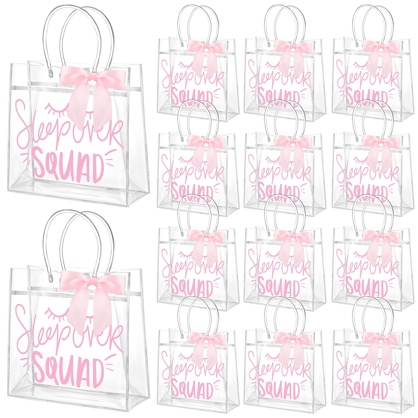 12 Pack Clear Sleepover Party Gift Bags with Handles Waterproof PVC Slumber Pamper Party Goodie Bags with Pink Ribbon Bows, Reusable Hen Do Sleepover Birthday Treats Favours Bags