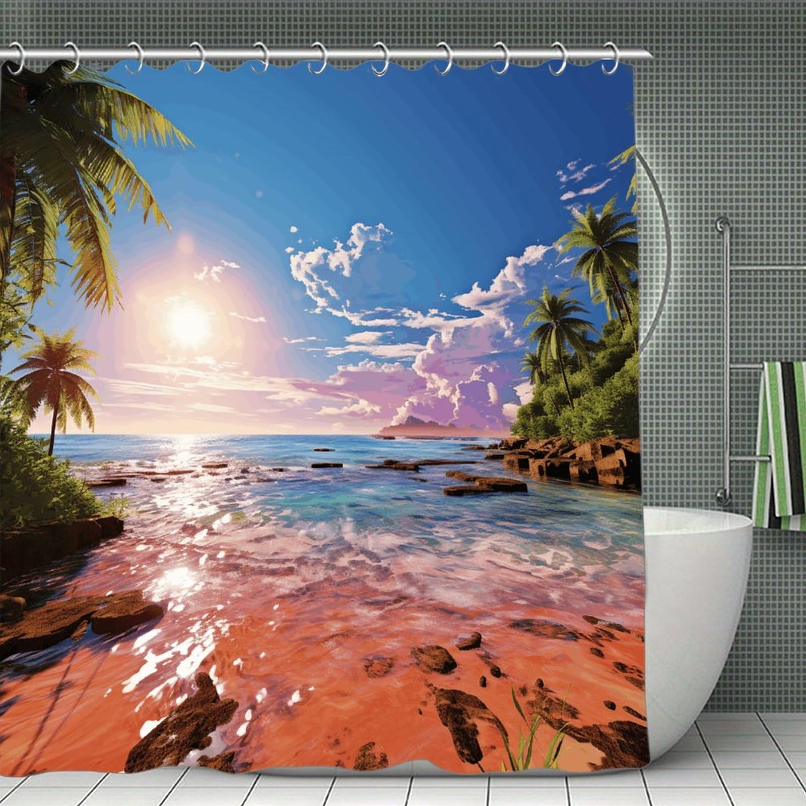 VstaDank Summer Beach with Palm Trees Bath Curtain Elegant Heavy Duty Shower Curtains 70x70 in Rustic Farmhouse Cloth Shower Curtains Neutral Modern Bath Curtain for Bathroom