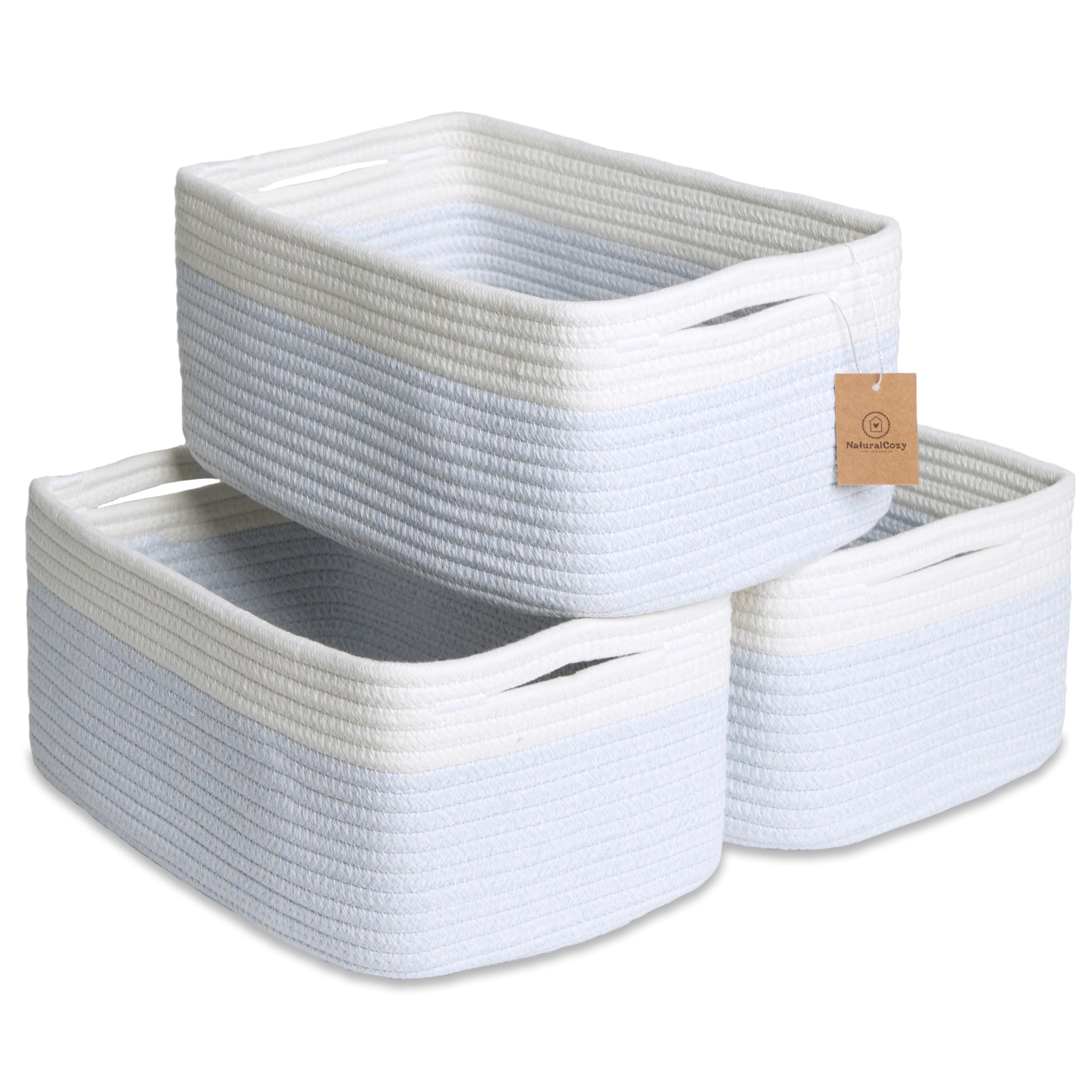 NaturalCozy 13.5”x8.5”x5.5” Rectangle Storage Baskets for Shelves 3 Pack | Cotton Rope Woven Small Baskets for Organizing | Small Storage Bins for