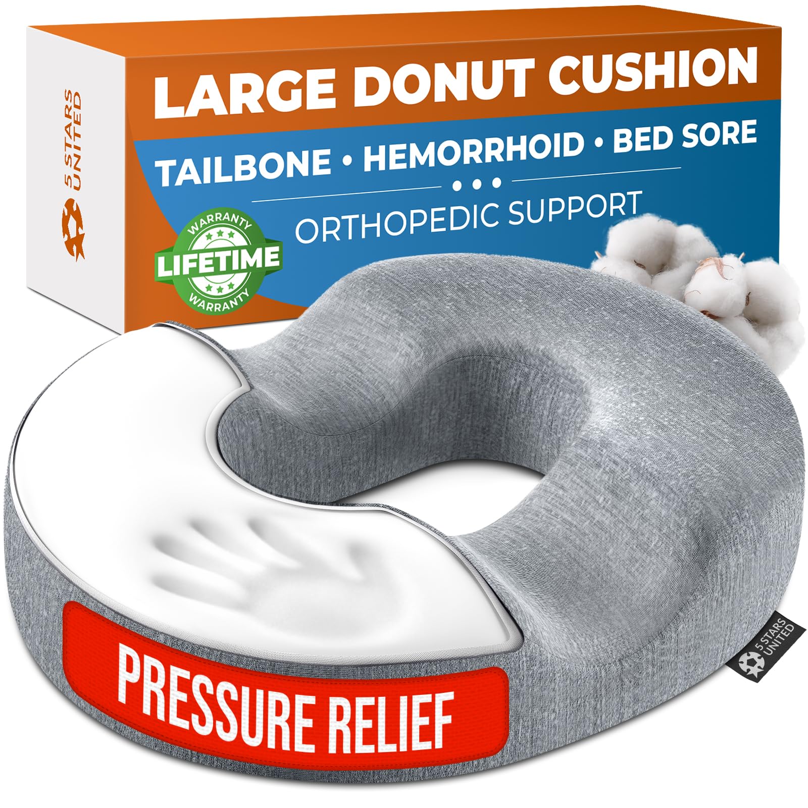 Photo 1 of 5 STARS UNITED Donut Pillow Hemorrhoid Tailbone Cushion – Large Floor Cushion for Pain Relief – Coccyx, Prostate, Sciatica, Pelvic Floor, Pressure Sores, Pregnancy, Postpartum Recovery, Gray