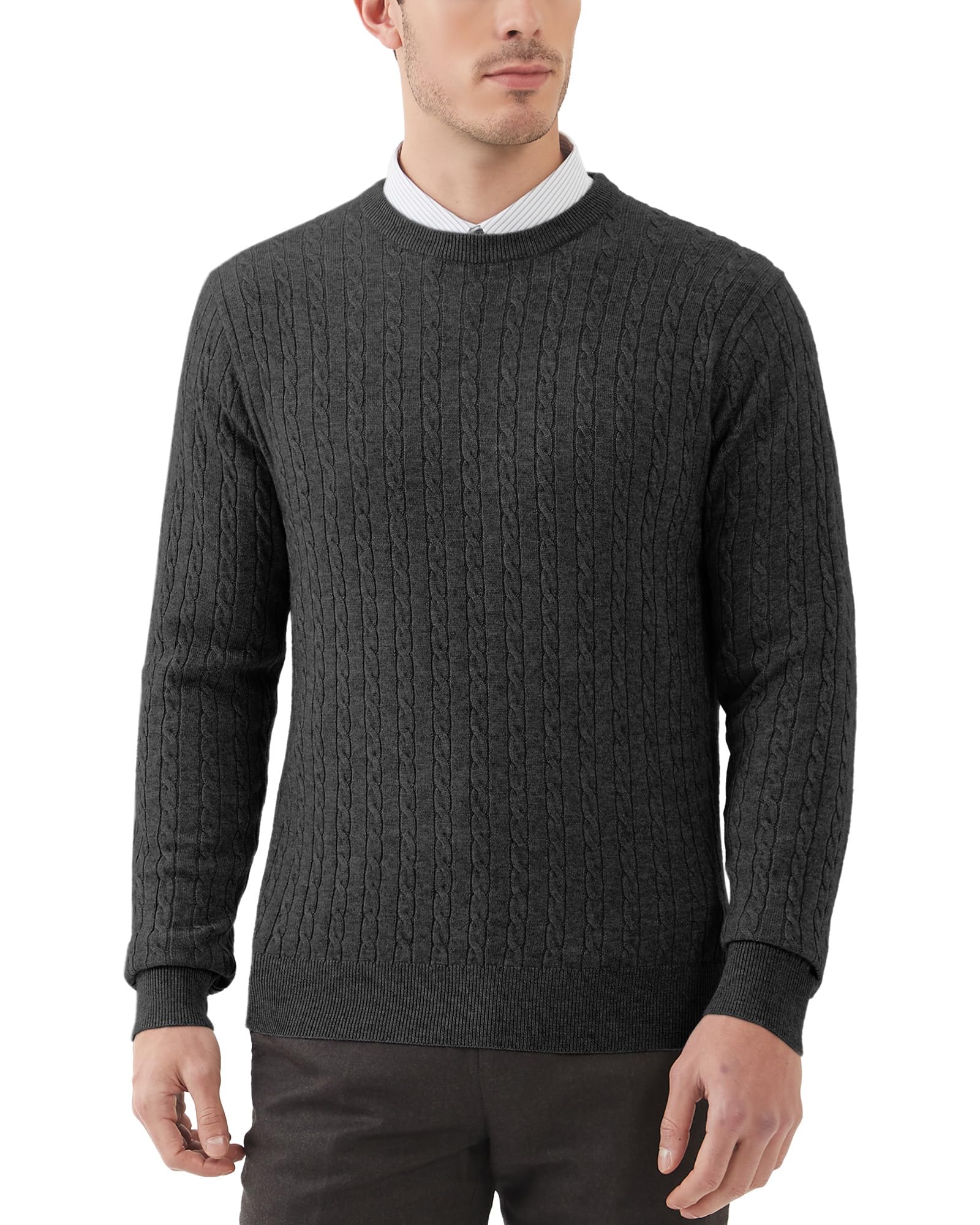 Kallspin Men's Cable Knit Crewneck Sweater Pullovers Wool Blend Relax Fit Knitwear