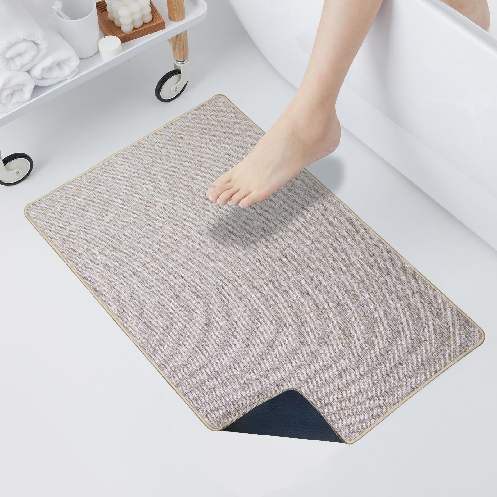 Yancorp Thin Bathroom Rugs 16"x 28" Non-Slip Rubber Bath Mats Quick Dry Bath Rugs, Cozy Cloth Mat fit Under Door, Sink, Bathtub, Floor, Shower, Khaki