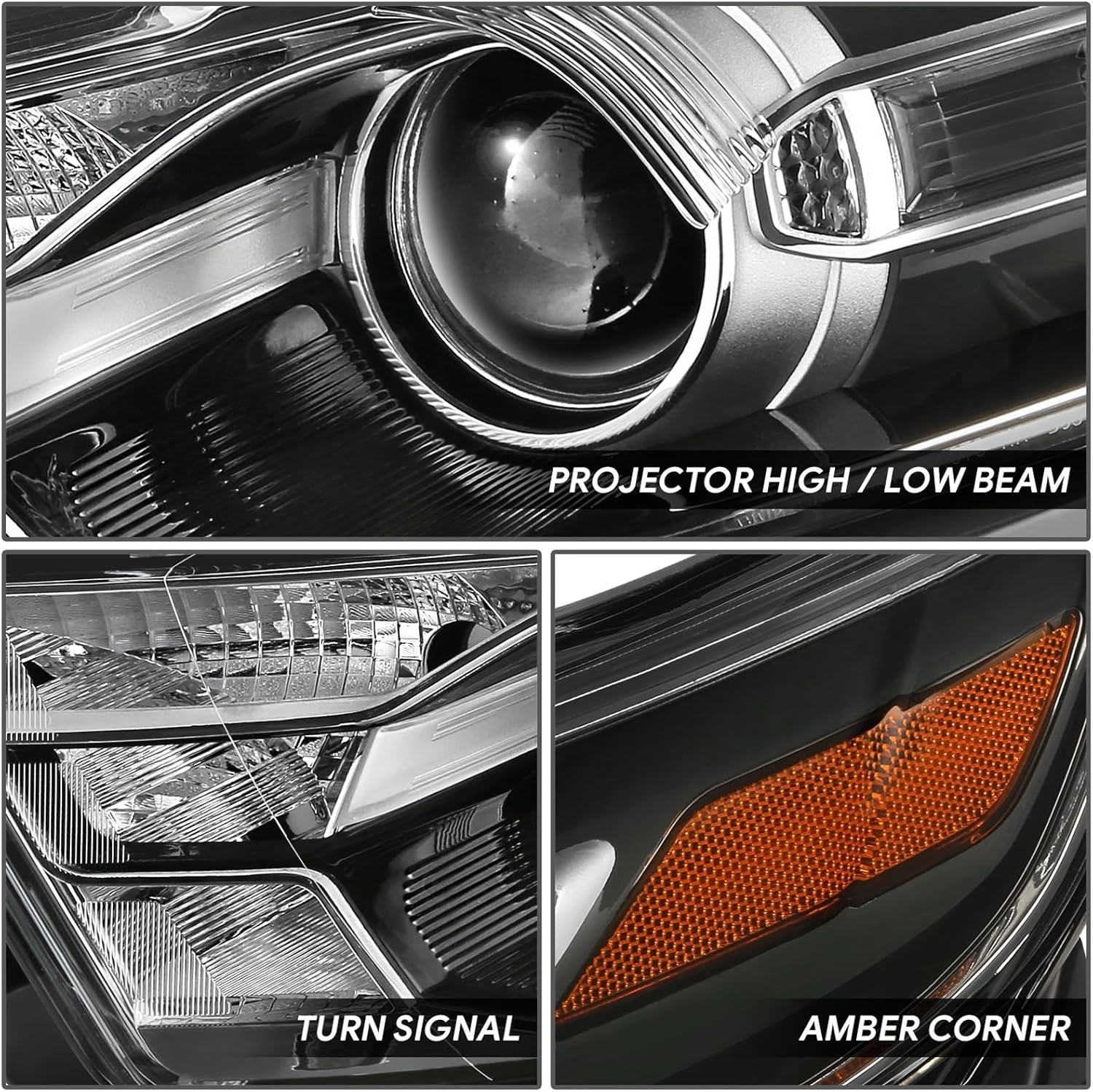 Headlights Assembly Compatible With 2013-2019 Ford Taurus Replacement Headlamp, Driver and Passenger Side, Pair Chrome Amber 13-19 Taurus Head Light
