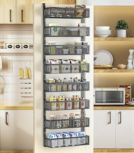 Organizador de despensa de 8 niveles sobre la puerta con cestas de malla, ajustable y estable para colgar especias para cocina, baño, dormitorio y