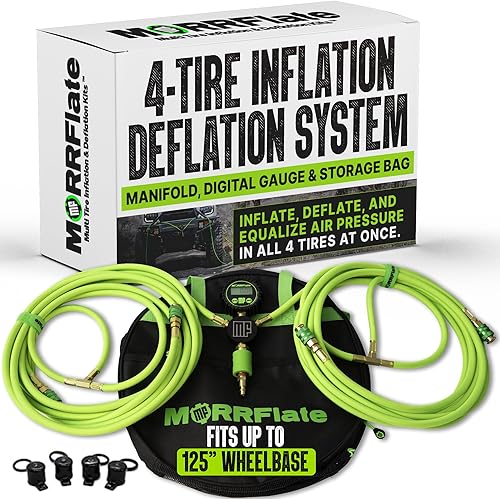MORRFlate Quad 4 Tire Inflation & Deflation System – 800D Braided Hose – Fits Up to 125" Wheelbase – Manifold, Digital Gauge & Storage Bag Included