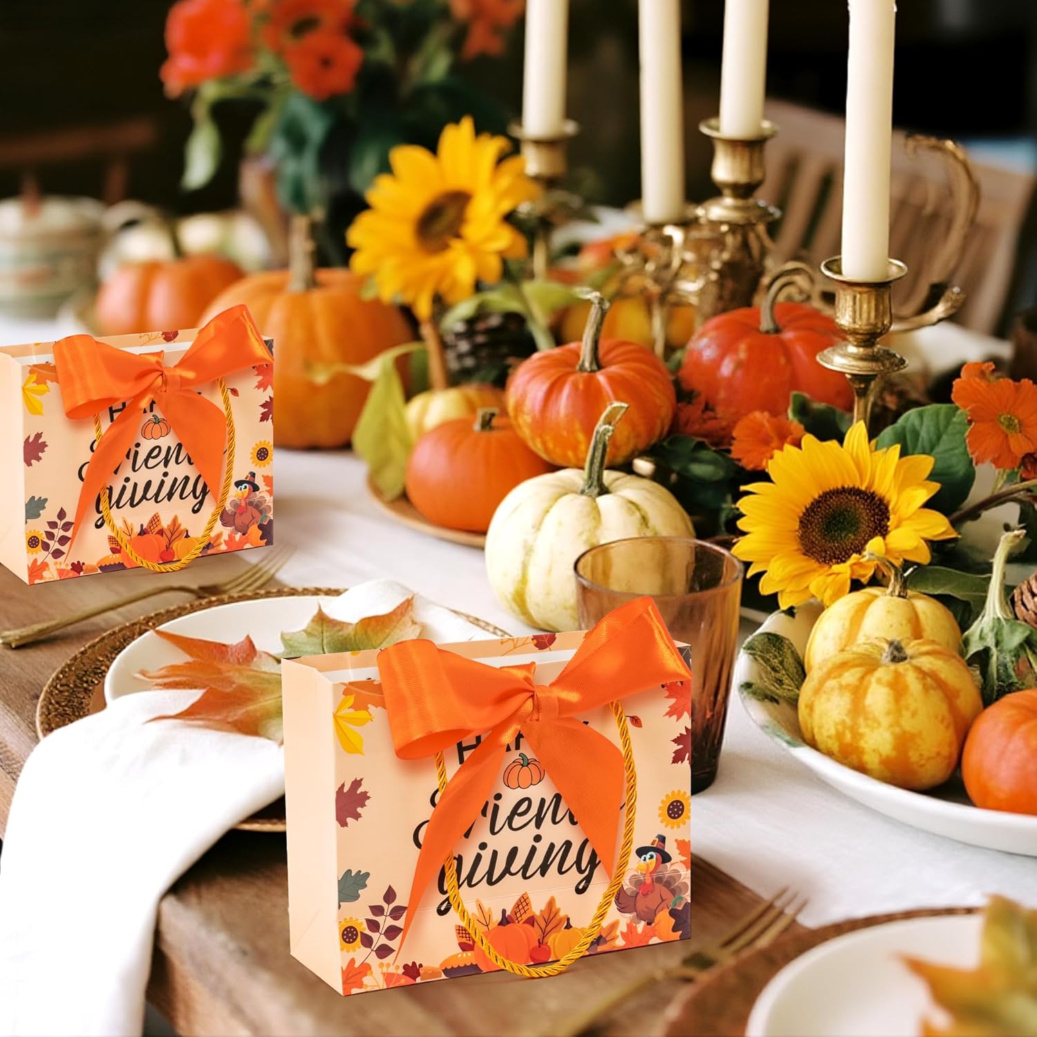 H1vojoxo Friendsgiving Party Gift Bags - 25pcs Friendsgiving Orange Gift Bags with Handles 7.5x2.8x5.9'' Thanksgiving Goodies Candy Bag with Bow Ribbon for Friend Guest Thanksgiving Party Favor Bag - Image 4