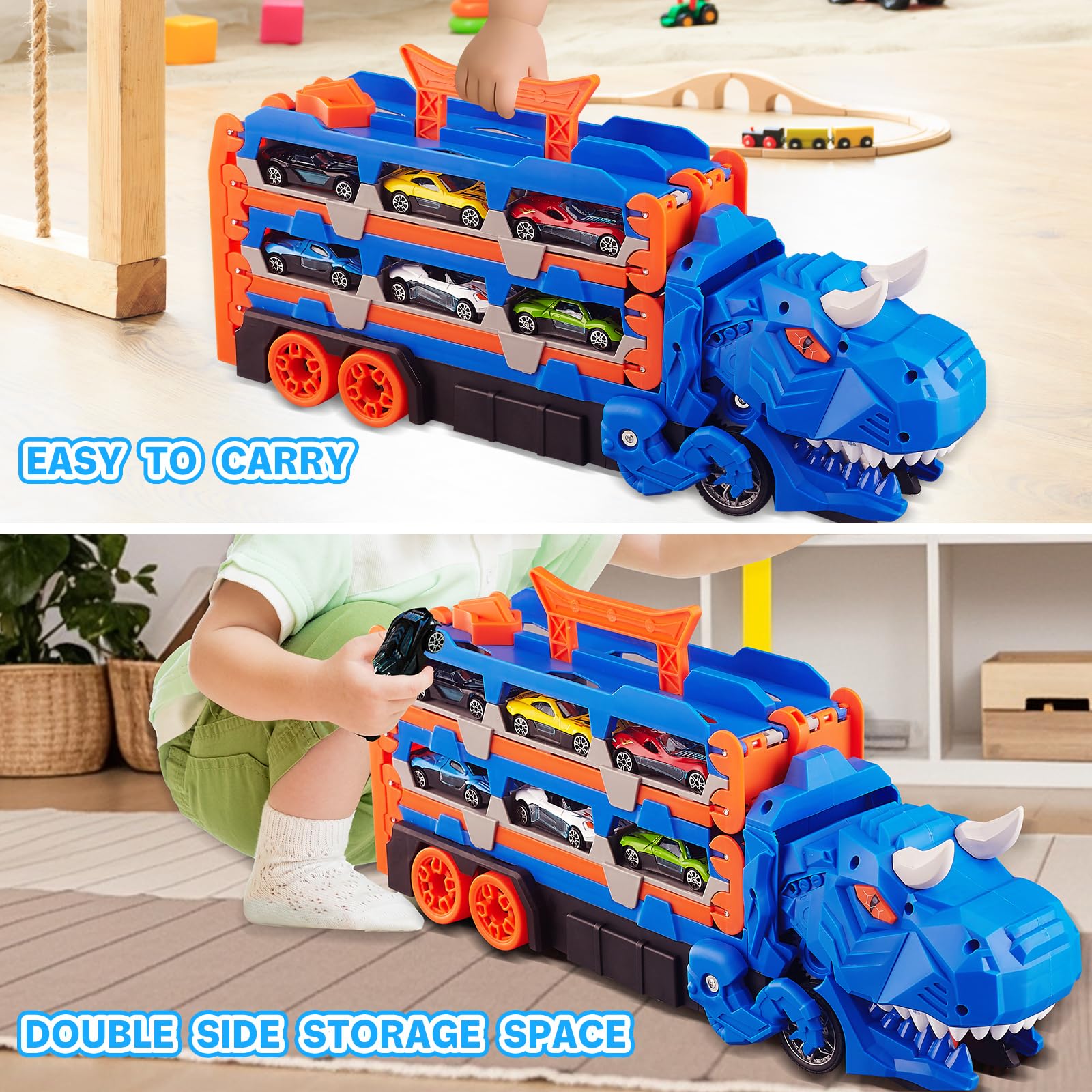 Jumkeet Dinosaurier LKW Spielzeug für Kinder ab 3 Jahren, Transporter Zum Schlucken mit 157cm Faltbarer Rennstrecke und 6 Mini Auto, Aufbewahrungsfunktion, Fahrzeug Sets Geschenk für Jungen Mädchen