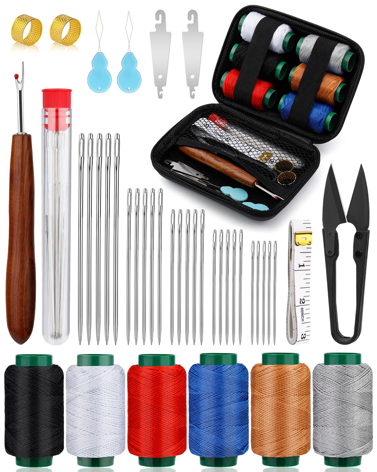 TLKKUE Sewing Kit for Adults, Steel Needles for Hand Sewing, 40 Pcs Sewing Kit with Sewing Needles Storage Bag Threads Thimbles Seam Rippers for Repair Clothing(6-Color Upholstery Thread)