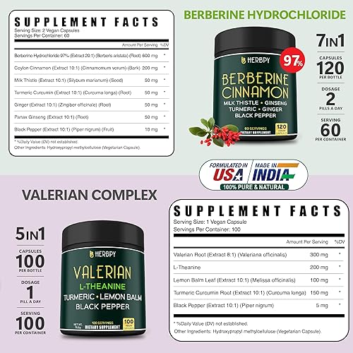 Miniatura 4 de Paquete 7 en 1 16100 mg Berberina HCl y 5 en 1 5150 mg Suplemento de raíz de valeriana - Apoya la salud cardíaca, inmune, digestión y relajación