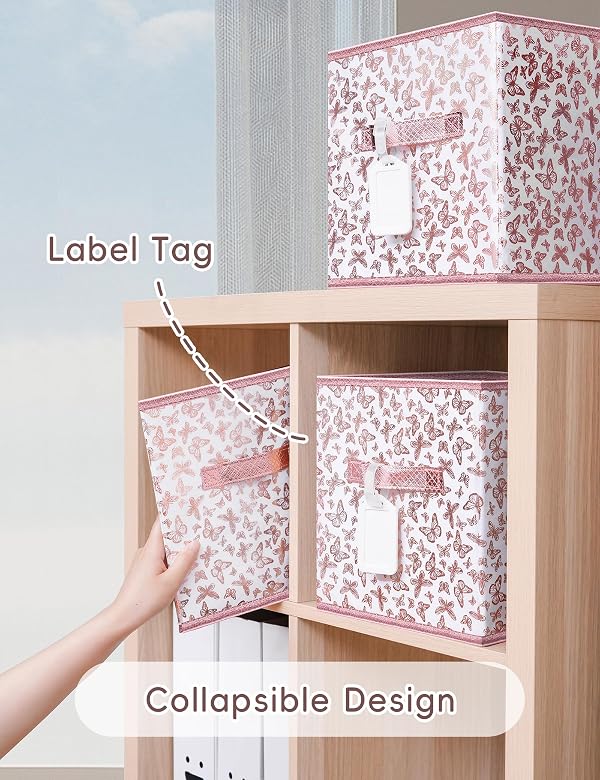 MYTHAUS Collapsible Fabric Storage Cubes, 11 Inch Pink Cube Organizer Bins with Dual Handles&Tags, 4-Pack Storage Boxes for Cubby Shelf Closet, Rose Gold Butterfly by MYTHAUS - Image 4