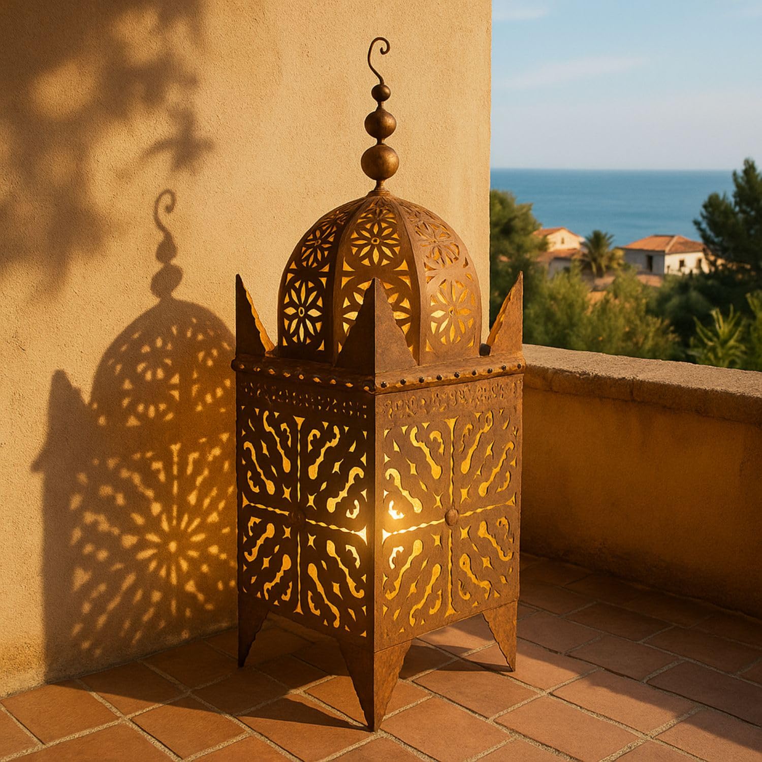 Frane - Farol oriental hecho a mano de metal en óxido 80 cm
