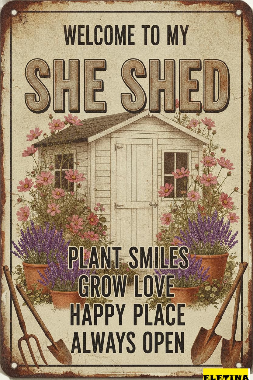Welcome To My She Shed Rustic Farmhouse Vintage Tin Sign Gardening Gift Women Home Patio Yard 8x12in