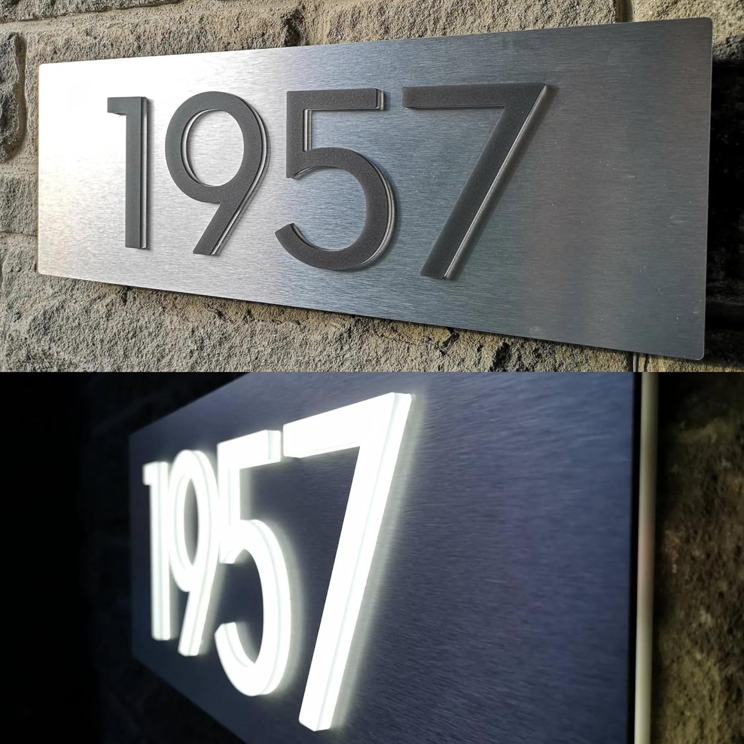 Custom 3D Backlit House Numbers Address Plaque, Solar or Electric Lighted Address Sign, Face Lit & Halo Illuminated Stainless Steel Address Numbers for Outside