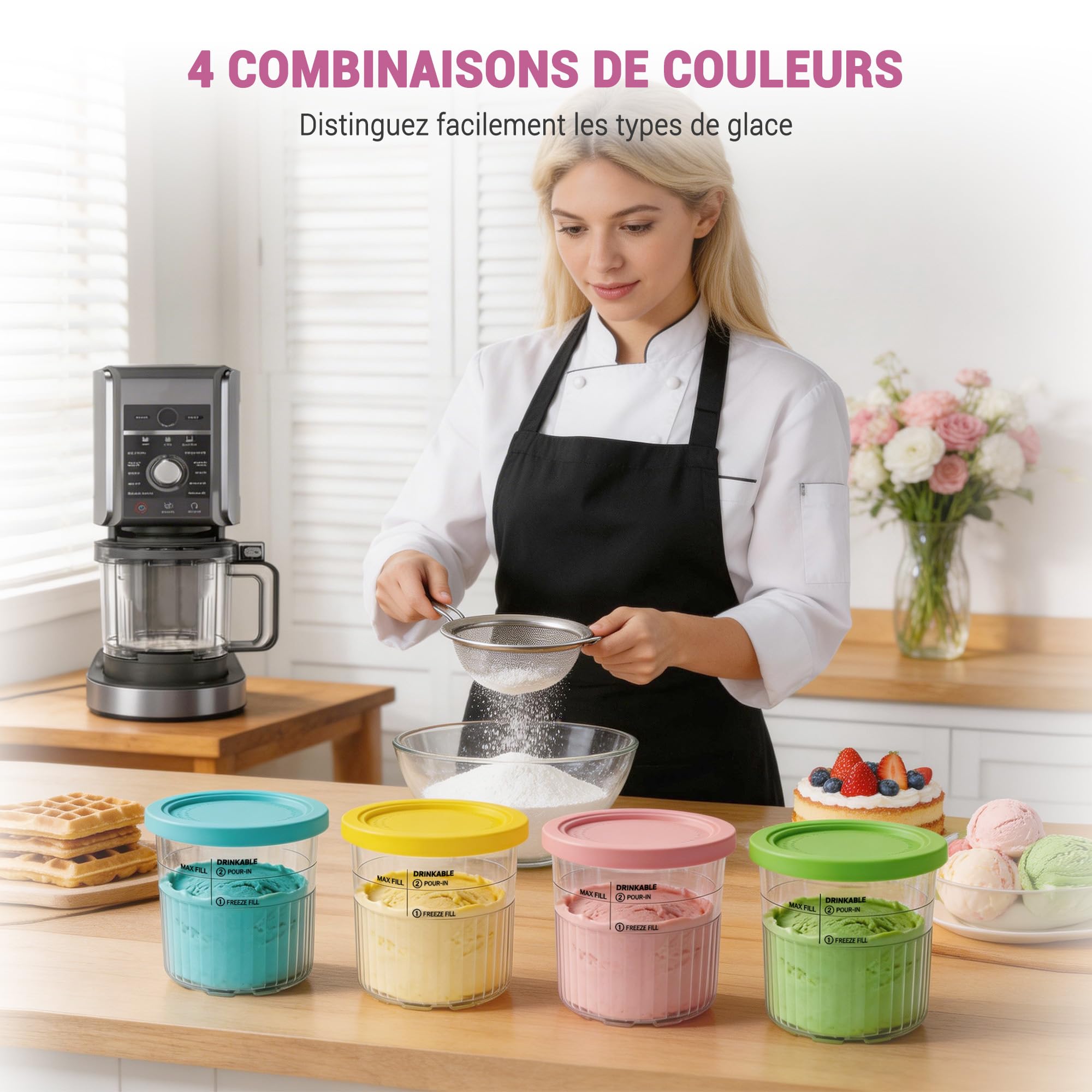 Lot de 4 récipients pour pintes Ninja Creami Deluxe - Accessoires pour Ninja Creami NC501 NC500 Series - Sans BPA - Compatible avec les pintes et couvercles Ninja Creami Deluxe