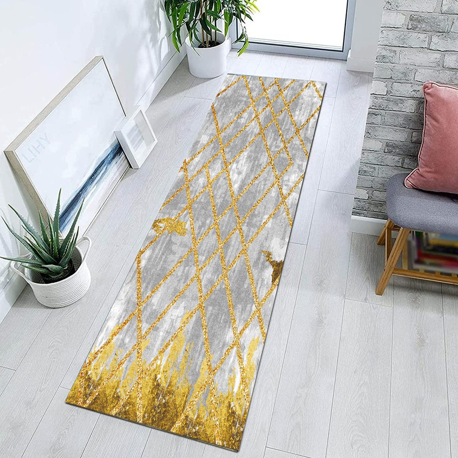 Bardzo długi korytarz wąski dywaniki, 100 cm/1,5 m/2m/2,5 m/300 cm/350 cm/4m/5m/6m miękki bez poślizgu łatwy do czyszczenia dywanu korytarza szary/złoty (Size : 80x400cm)