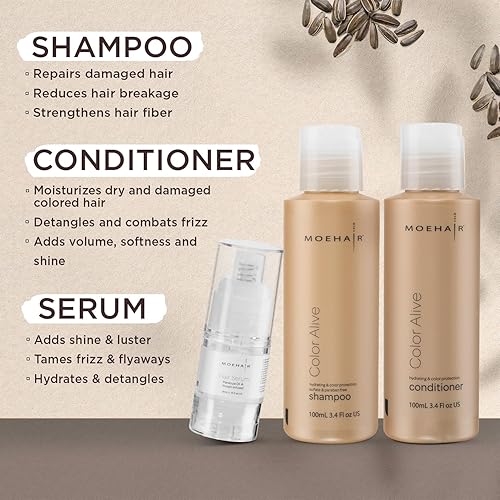 Miniatura 3 de MOEHAIR Paquete de viaje para cabello teñido - Champú, acondicionador y suero alisador de cabello Color Alive  Solución completa para el cuidado del