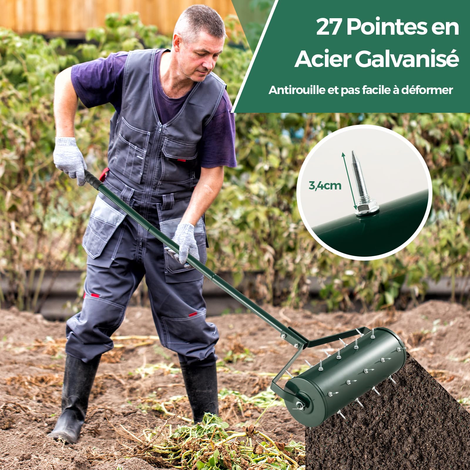 RELAX4LIFE Scarificateur Gazon Manuel 45CM avec Poignée &Rouleau à Pointes Rotatives, Rouleau Aérateur Gazon de Pelouse en Métal pour Jardin Cour Patio (5.5L | 45x130CM, Vert)