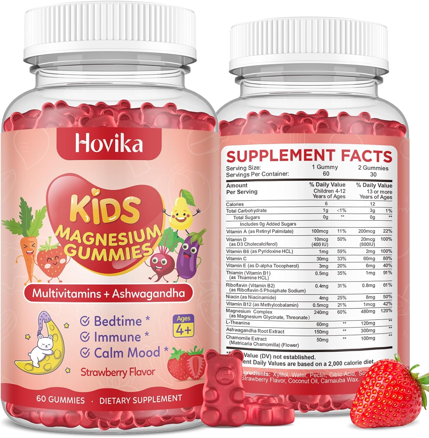 2 Pack Magnesium Gummies for Kids - Magnesium Supplement with L-Theanine, Chamomile & Multivitamins for Kids & Adults Sleep, Calm, Relaxation, Sugar Free Strawberry Flavor 60 Gummies