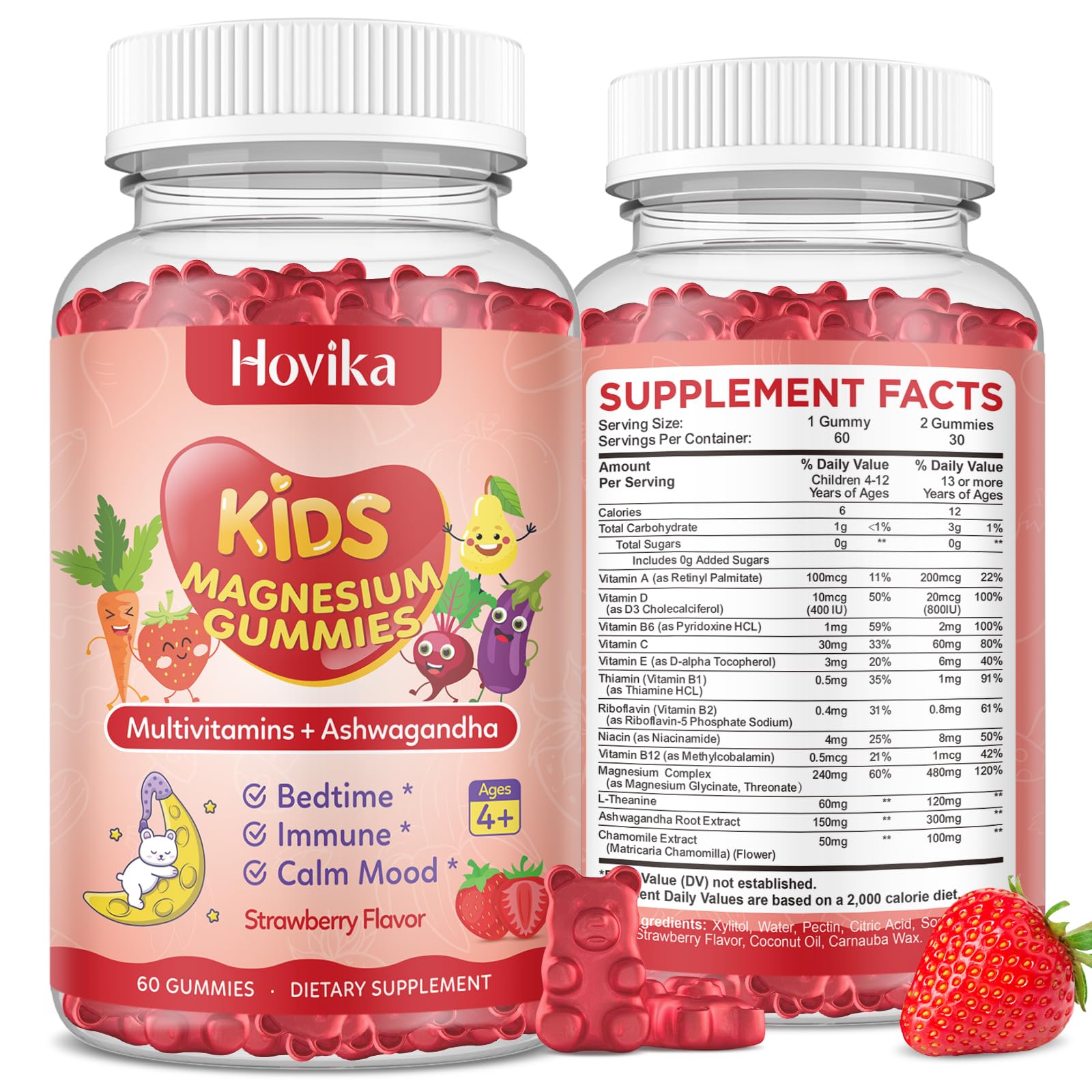 2 Pack Magnesium Gummies for Kids - Magnesium Supplement with L-Theanine, Chamomile & Multivitamins for Kids & Adults Sleep, Calm, Relaxation, Sugar Free Strawberry Flavor 60 Gummies Strawberry 60 Count (Pack of 2)