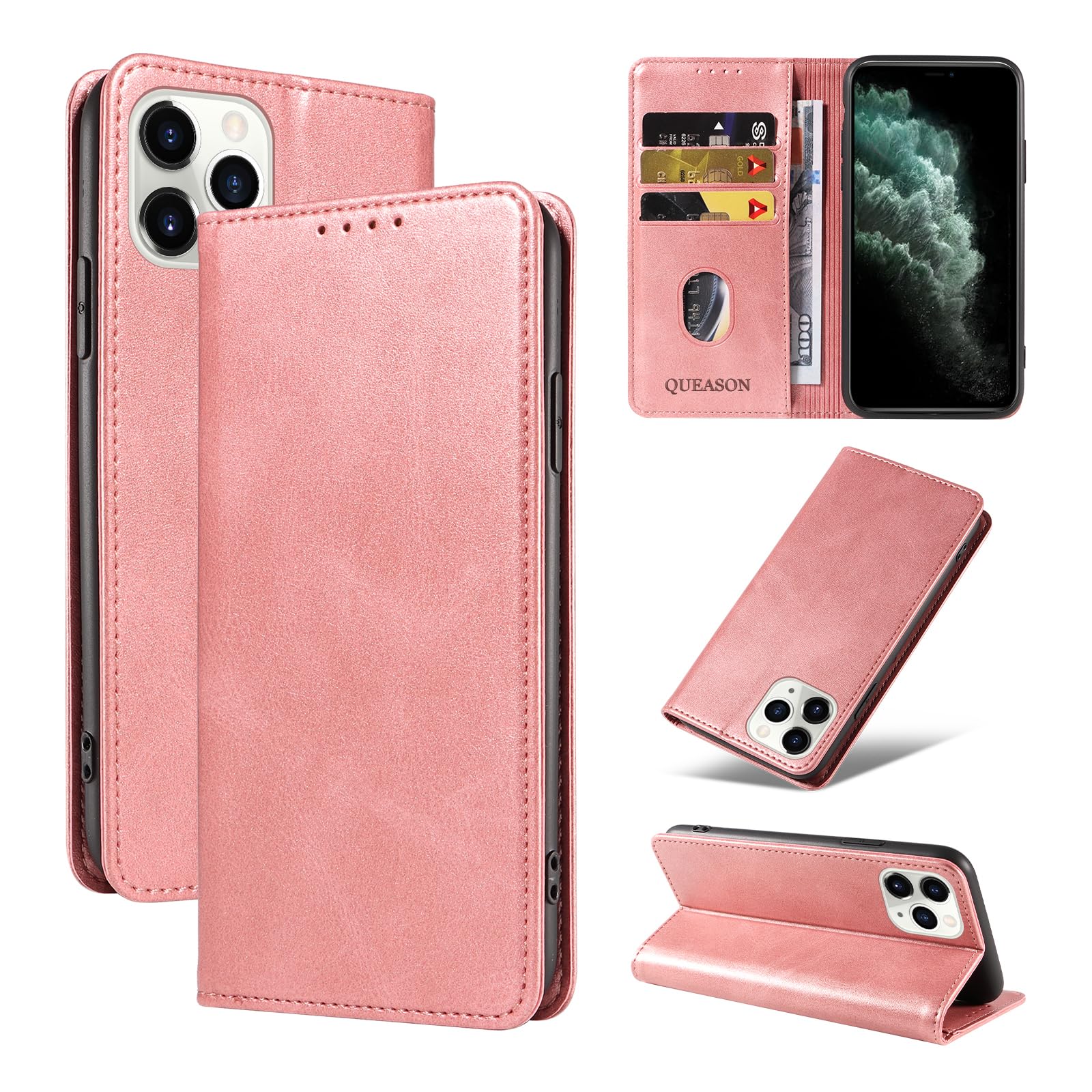 QUEASON【iPhone 11Pro 用 ケース 手帳型】マグネット式 いpほね11pro 用 ケース スタンド機能 iphone11pro 用 スマホケース カード収納 アイフォン11pro 用 スマホケース 耐衝撃 落下防止 防塵(ローズゴールド)