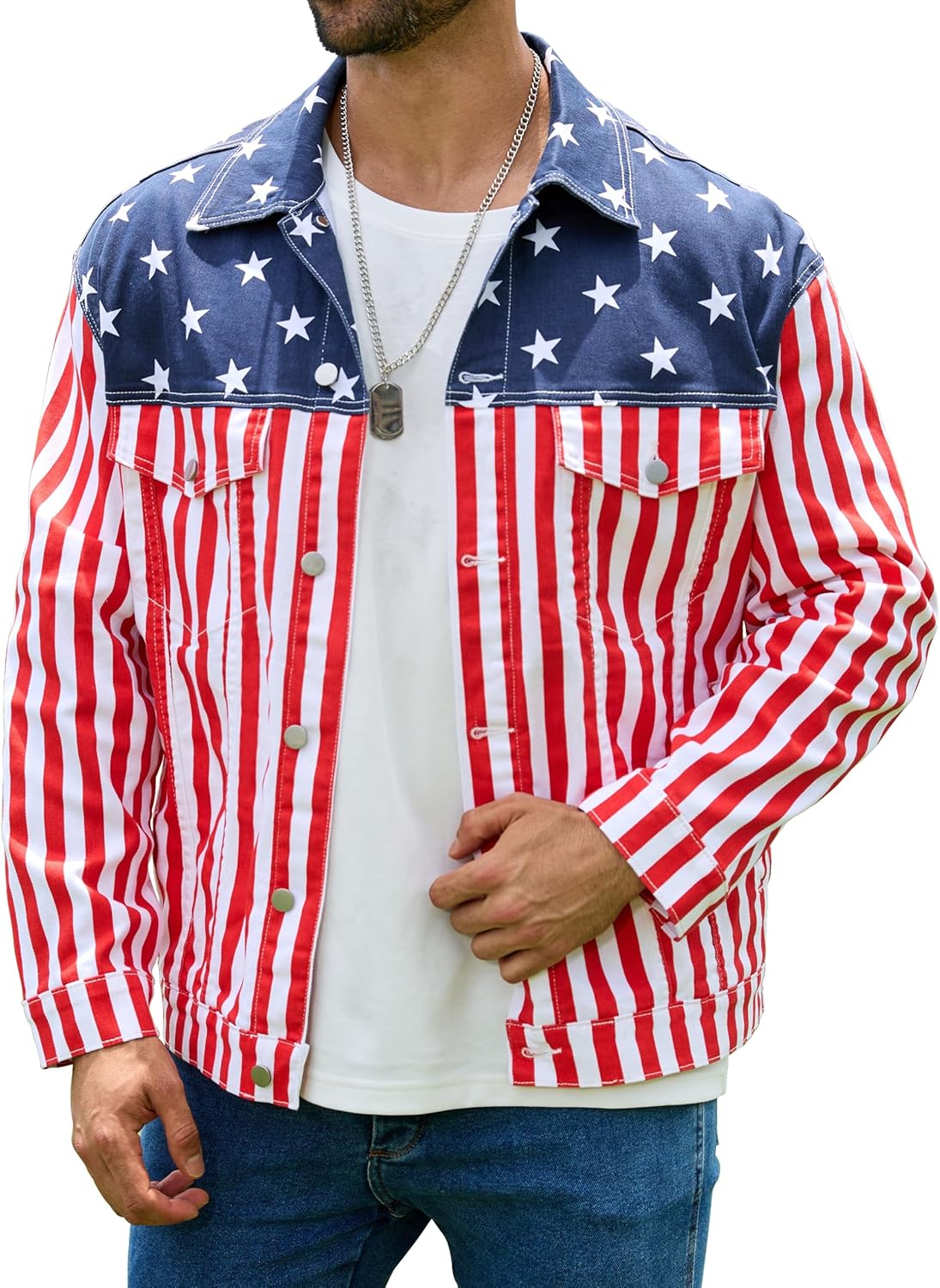 Bindefon Festival Print Jacket for Men Trucker Unlined Coats Button Down Collar Tops