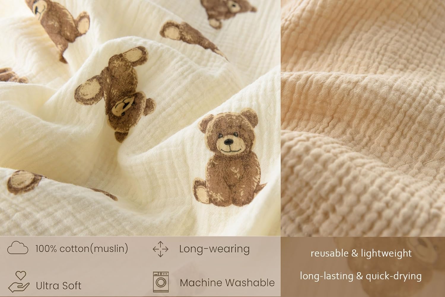 Little Jump Hooded Baby Towels for Newborn - 2 Pack 100% Cotton Muslin Baby Bath Towel, Soft and Absorbent for Boys Girls Infant, Large 32x32 Inches (Teddy Bears & Khaki)