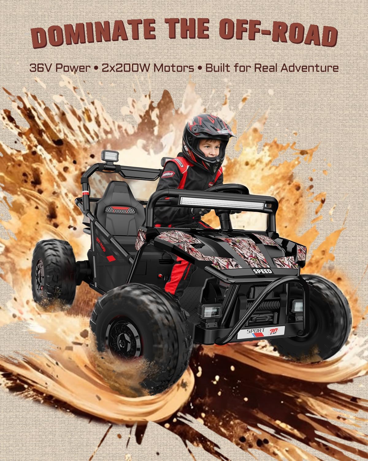 First Ride On 36V Kids Ride On UTV, 2-Seater 400W Electric Car for Kids 6+, 5-8 MPH Speed, 14" EVA Wheels, Metal Frame, Bluetooth Music, Rear Metal Suspension Off-Road Vehicle (Black Camo)