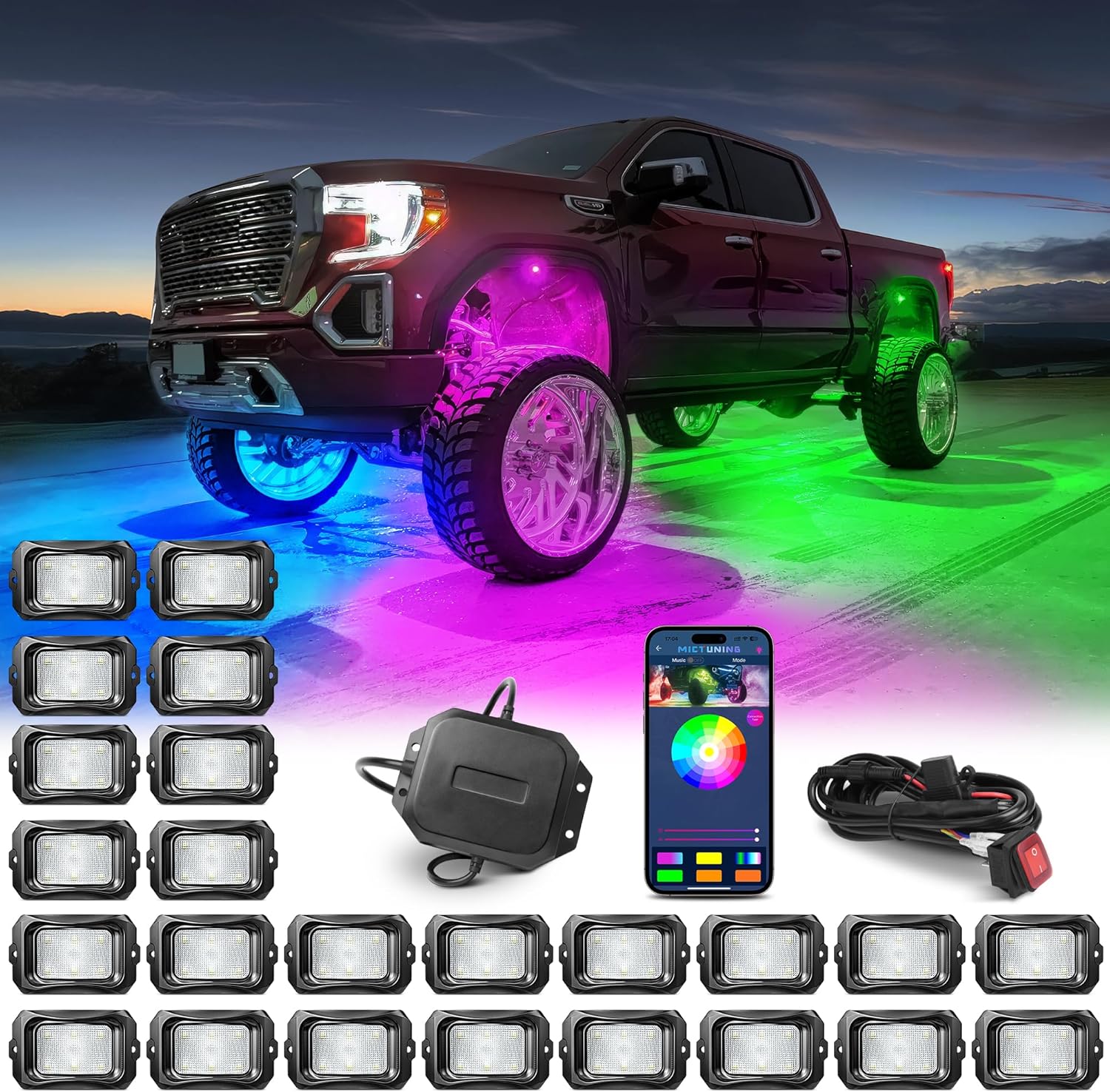 MICTUNING C2 MAX RGB+IC Chasing Color Rock Lights Kit - 24 Pods Underglow Lighting Kit, Dynamic Lighting Modes, Stable APP Control, IP68 Waterproof, DIY Effect
