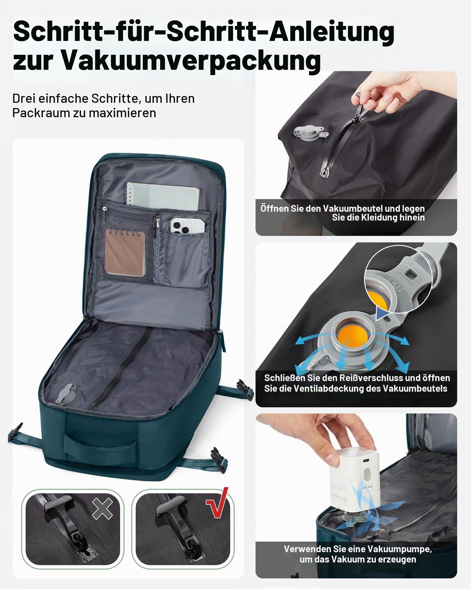 Groß Reiserucksack Vakuum Rucksack Handgepäck Flugzeug 40x30x20 Ryanair Rucksack 40x20x25 Herren Damen Mit Laptopfach/Schuhfach Travel Backpack Carry Ons Luggage Mit Vakuumsystem