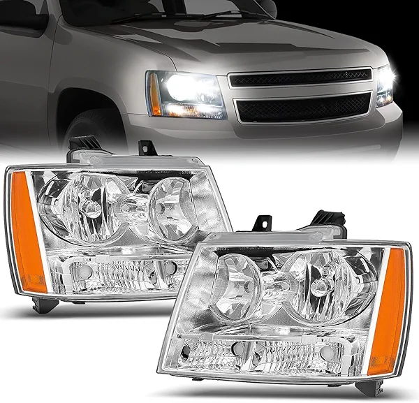 Nilight Headlight Assembly for 2007 2008 2009 2010 2011 2012 2013 2014 Chevy Avalanche Tahoe Suburban 1500 2500 Replacement Headlamp Bumper Lamp Set Chrome Housing Amber Reflector