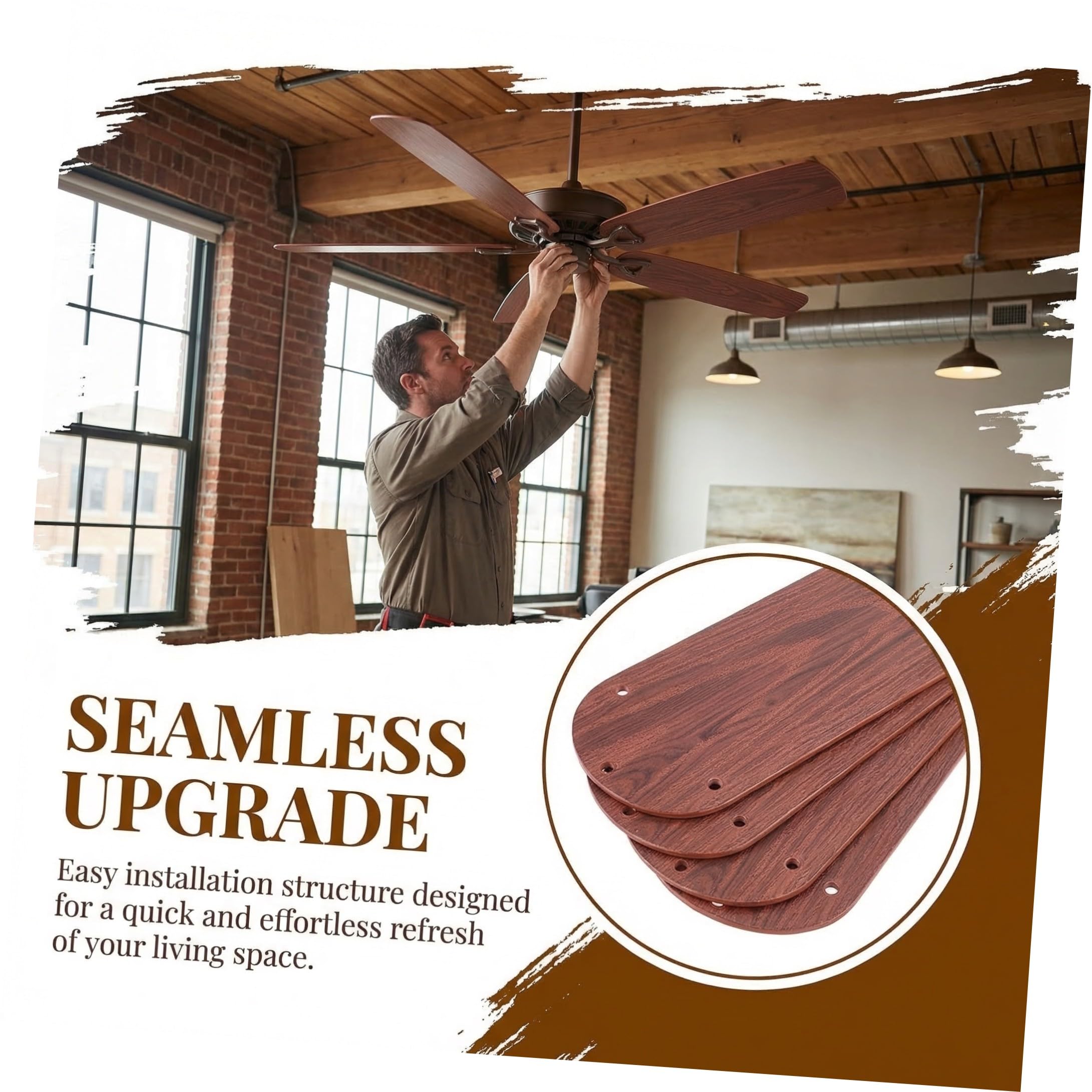 Beavorty 5 Pezzi Set di Pale per Ventilatore da Soffitto in Plastica Marrone Effetto Legno da 52,5 Cm Resistenti di Ricambio per Accessori Ventilatori Elettrici Interni