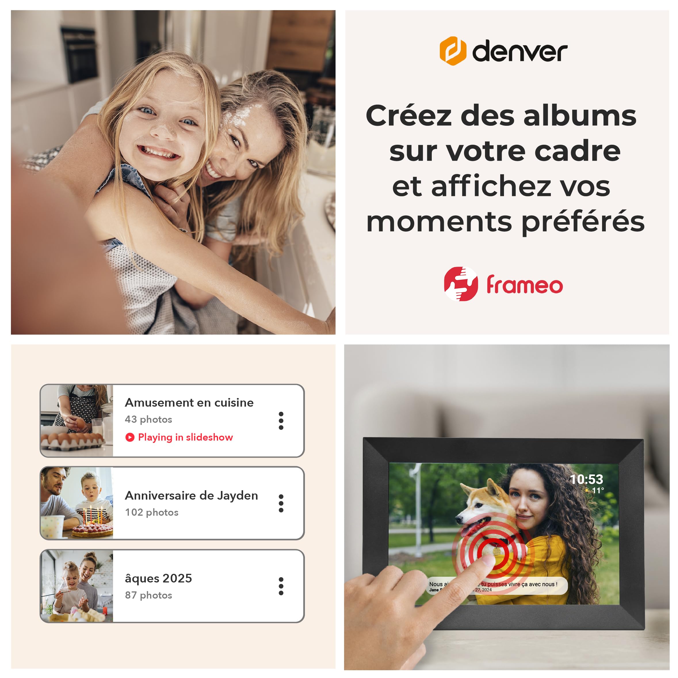 Denver PFF-1024BMK2 Cadre Photo numérique Wi-FI FRAMEO 10,1 Pouces, écran Tactile IPS 1280 x 800, mémoire 16 Go, Application iOS/Android, Noir