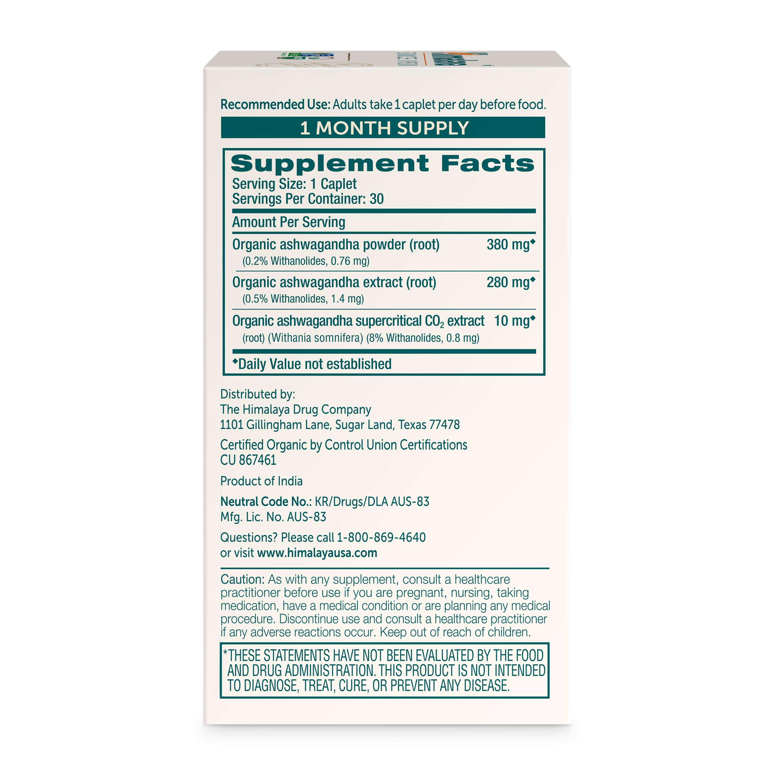 Himalaya USDA Organic Ashwagandha Root, 670 mg, 30 Day Supply, 30 Caplets — Amazon image 8