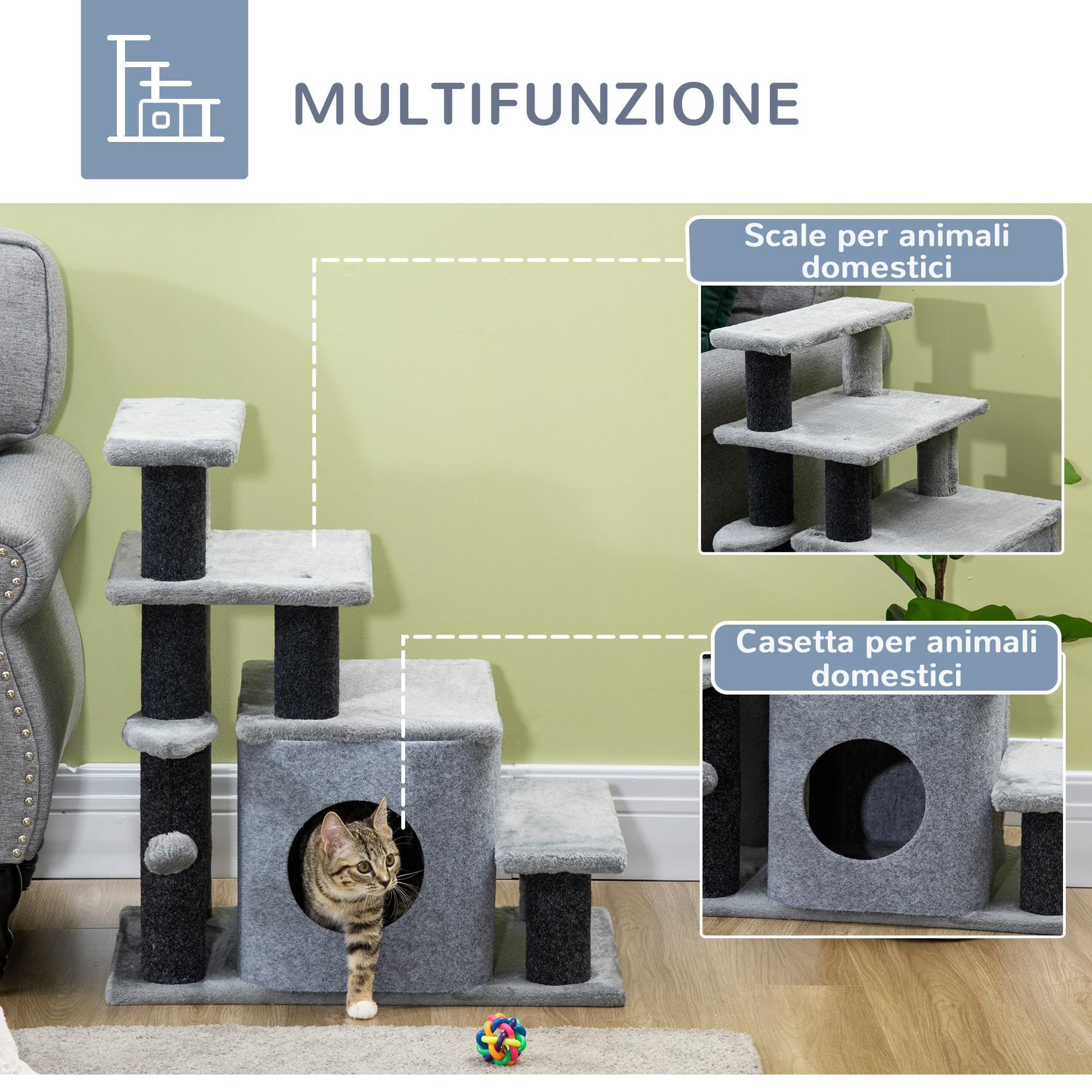 PawHut Scaletta per Cani con Gradino Rimovibile, Pallina Giocattolo e Area Interna, Scalini per Cani in Truciolato, Peluche e Sisal, 60x40x66 cm, Grigio