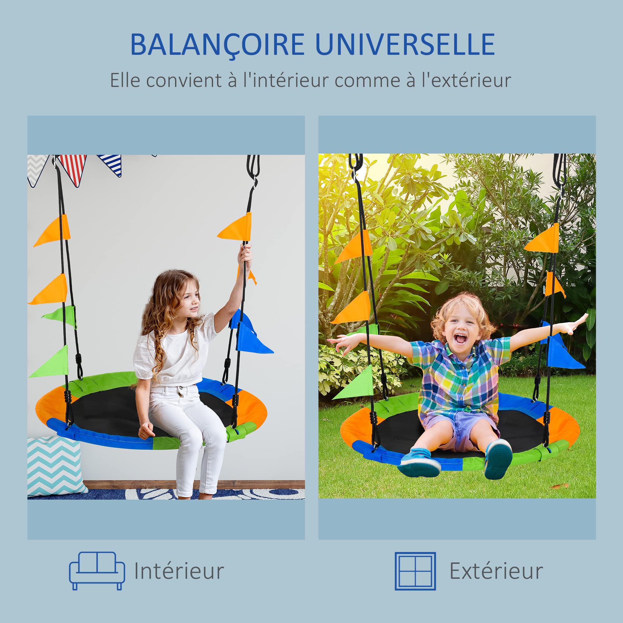 Outsunny Balançoire nid d'oiseau Ronde Ø 100 cm, Multicolore | Pour enfant et adulte, 2 anneaux, drapeaux inclus, poids max. 80 kg, métal époxy PP Oxford haute densité,