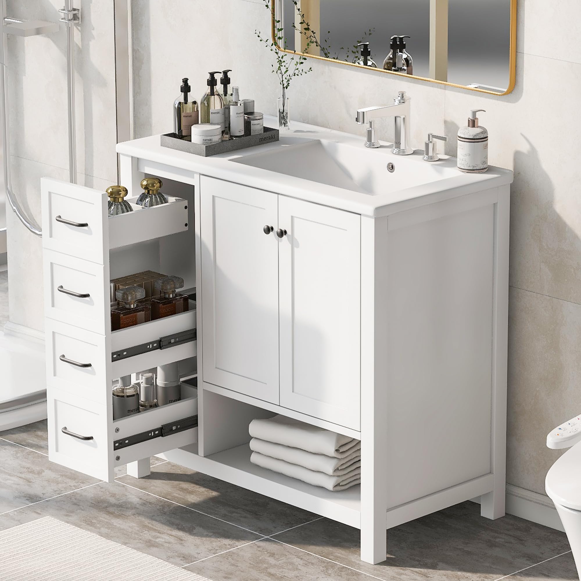 LUMISOL 36" Bathroom Vanity with Sink, Modern Bathroom Vanities with 2 Drawers, Soft-Close Doors & Open Shelf, Solid Wood Bathroom Single Sink Cabinet