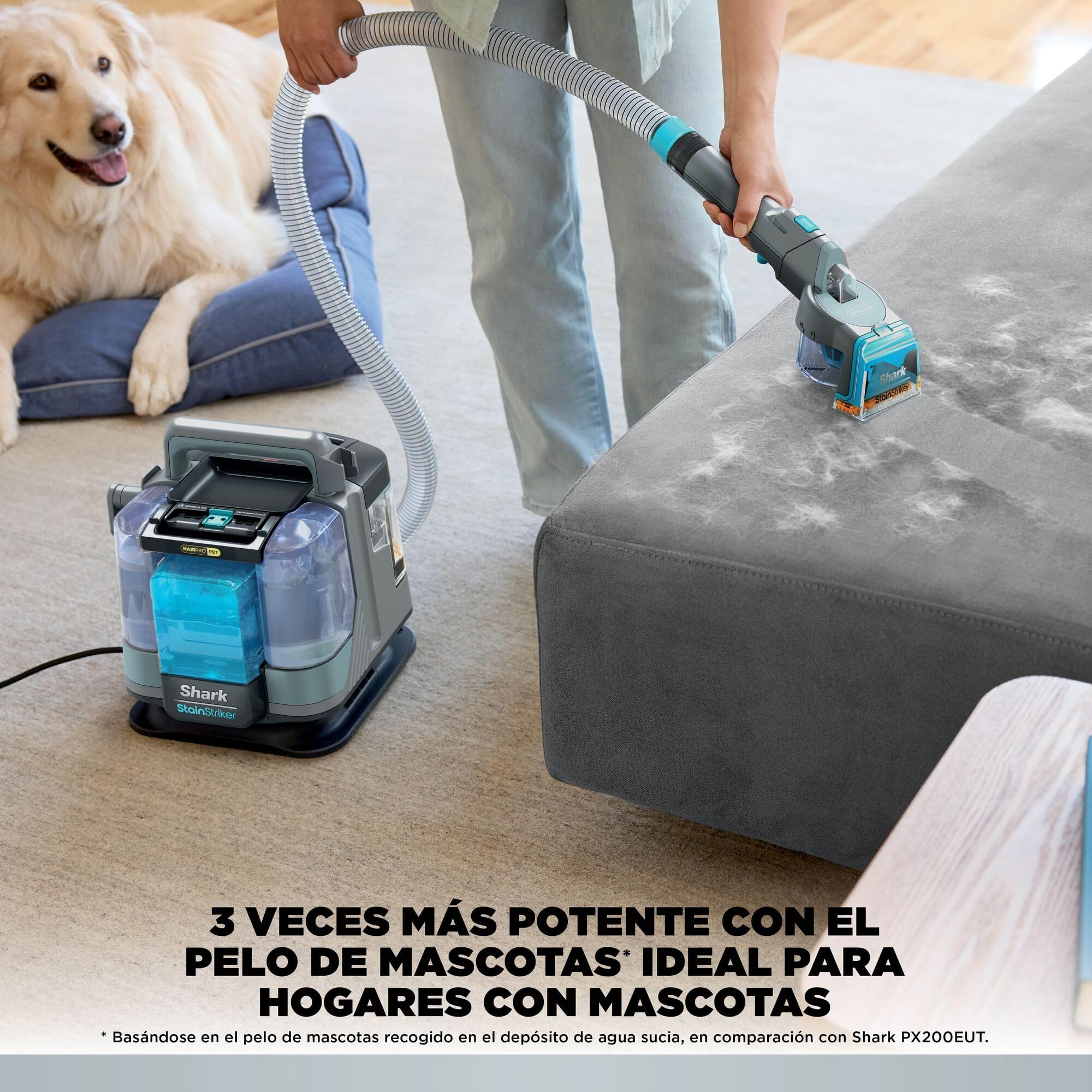 Shark StainStriker HairPro Pet Limpiador Portátil para Manchas y Pelo de Mascota - Succión de 450 W y Herramienta Extractora de Pelo - Incluye 4 Accesorios y 2 Soluciones de Limpieza - Gris, PX250EUCP