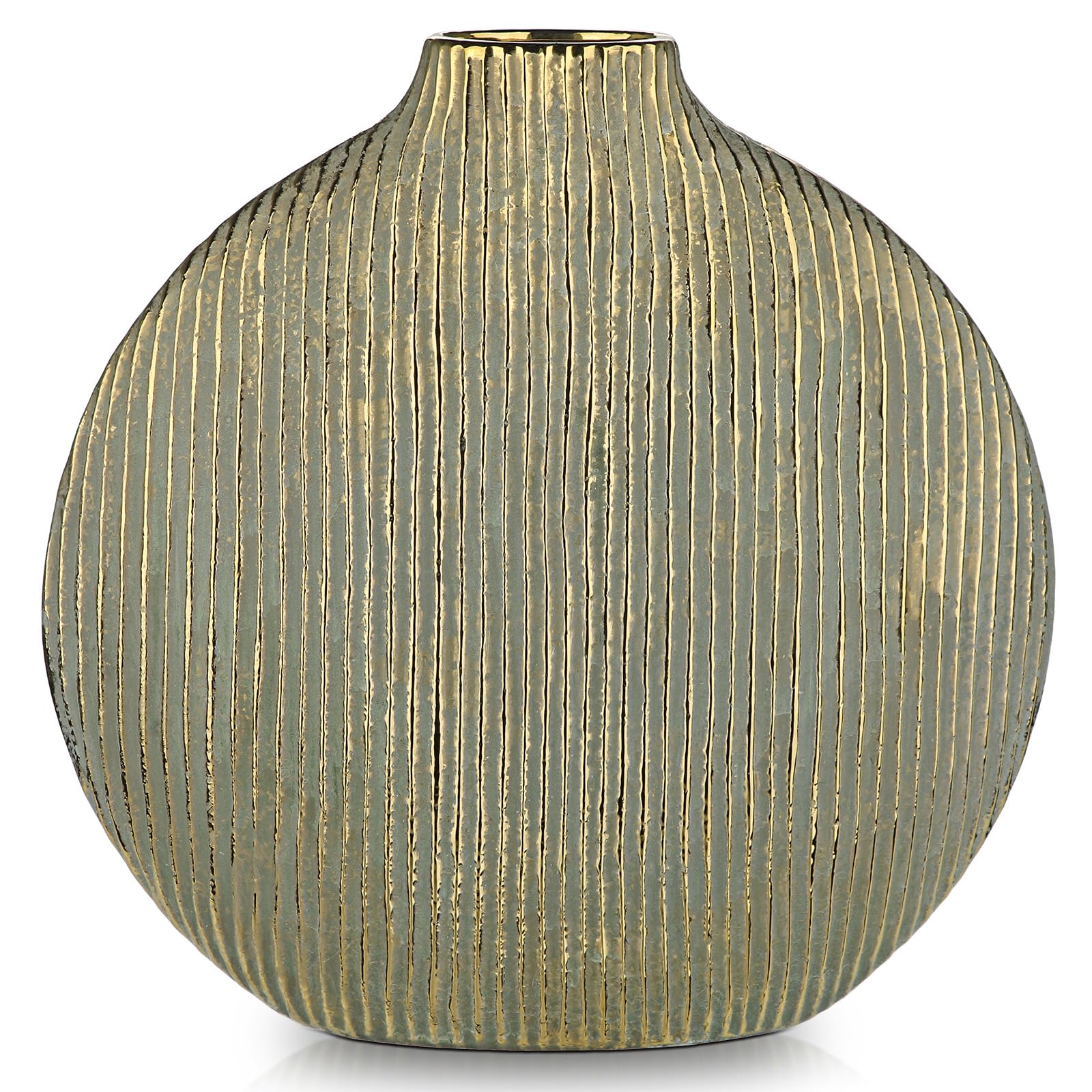 Oairse Flat Round Ceramic Vase with Narrow Opening, 31 Tall Decorative Green Vase for Flowers with Gold Stripes, Modern Slim Vases for Living Room, Shelf, Wedding, Table Décor